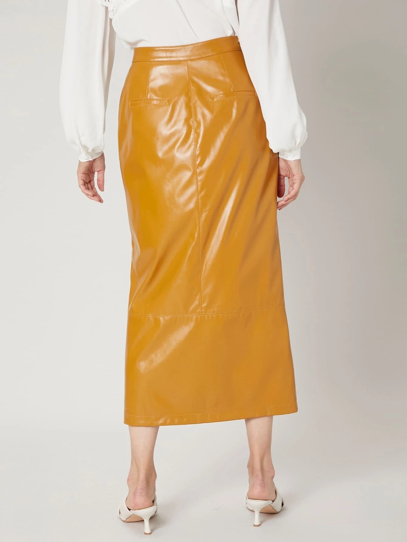 CM-BS940410 Women Elegant Seoul Style High Waist PU Leather Split Skirt - Mustard Yellow