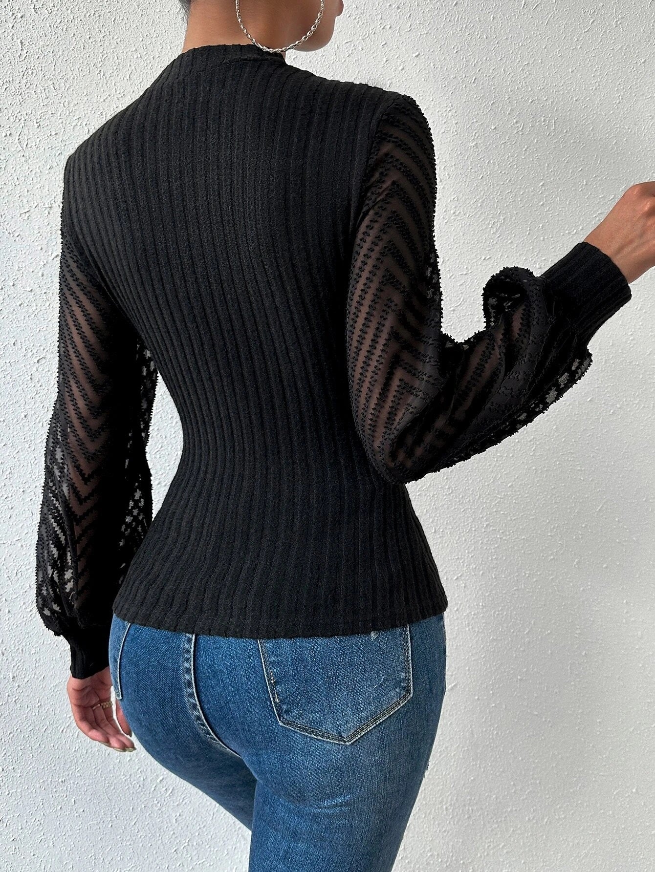 CM-TS713263 Women Casual Seoul Style Cut Out Front Mock Neck Contrast Mesh Lantern Sleeve Top