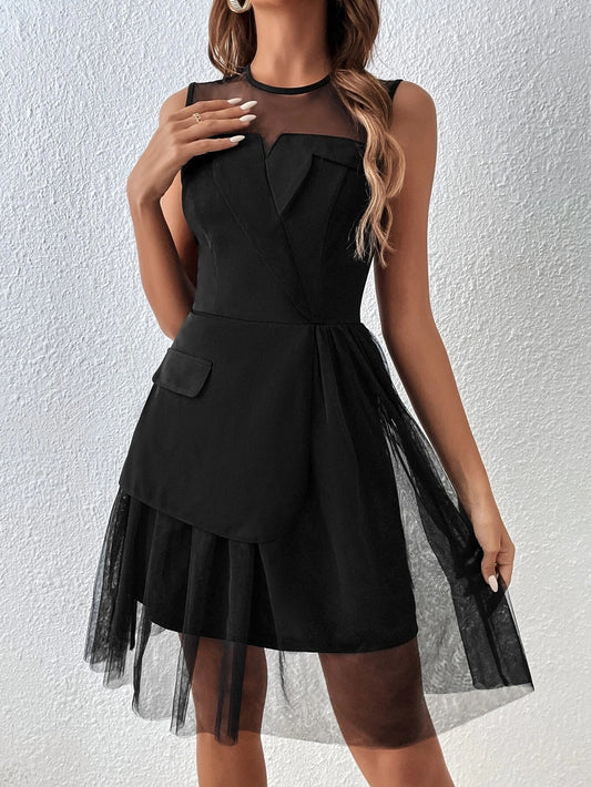 CM-DS193241 Women Elegant Seoul Style Contrast Mesh Ruffle Hem Dress - Black