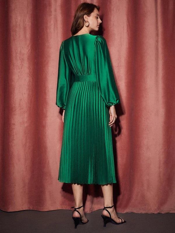 CM-DS695614 Women Elegant Seoul Style Lantern Sleeve Pleated Hem Dress - Green