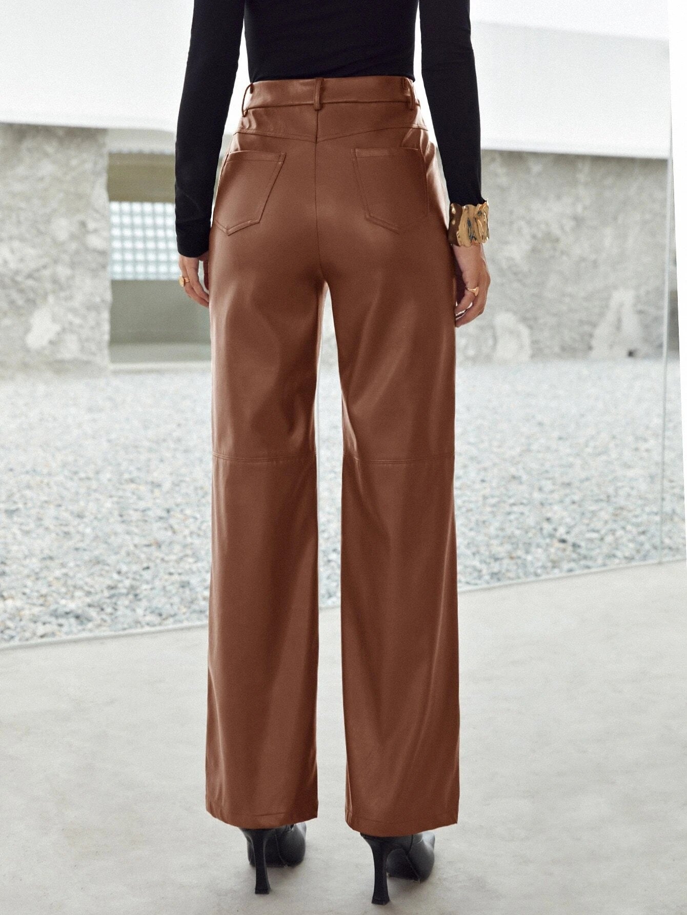 CM-BS208128 Women Elegant Seoul Style Zipper Fly Palazzo PU Pants - Brown