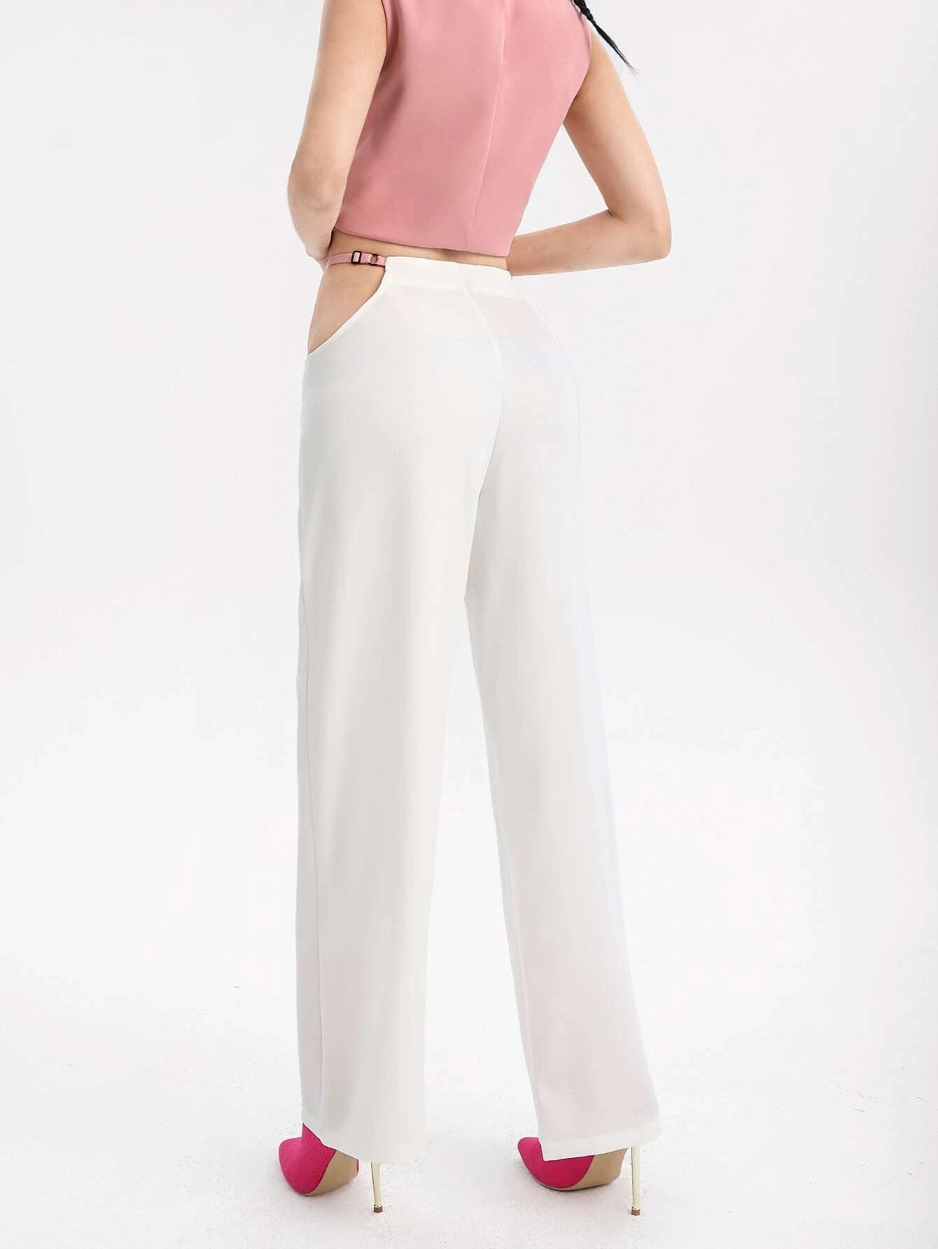 CM-BS139161 Women Casual Seoul Style Cut Out Waist Wide Leg Pants - White