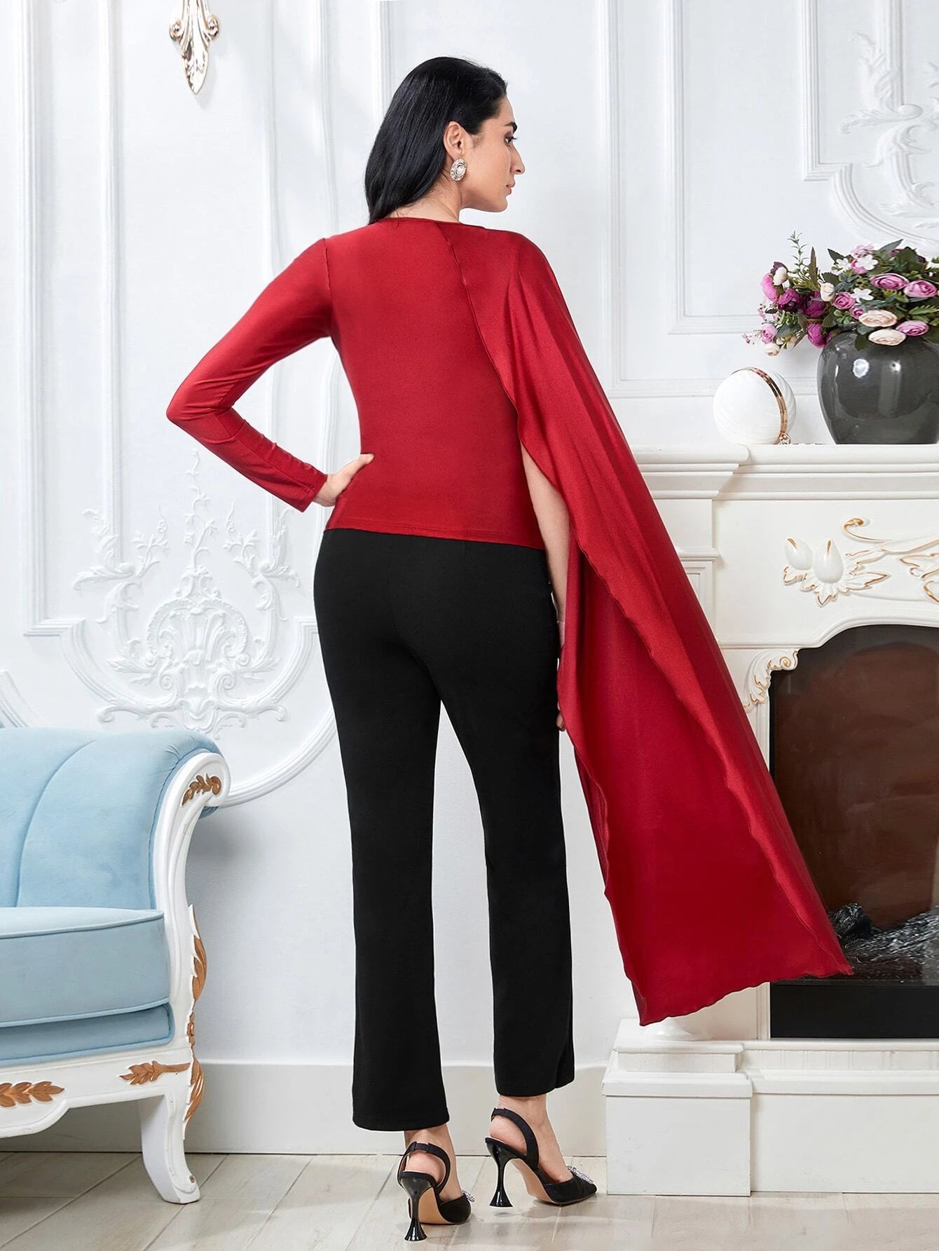 CM-TS083138 Women Elegant Seoul Style Lettuce Trim Asymmetrical Split Sleeve Top - Burgundy