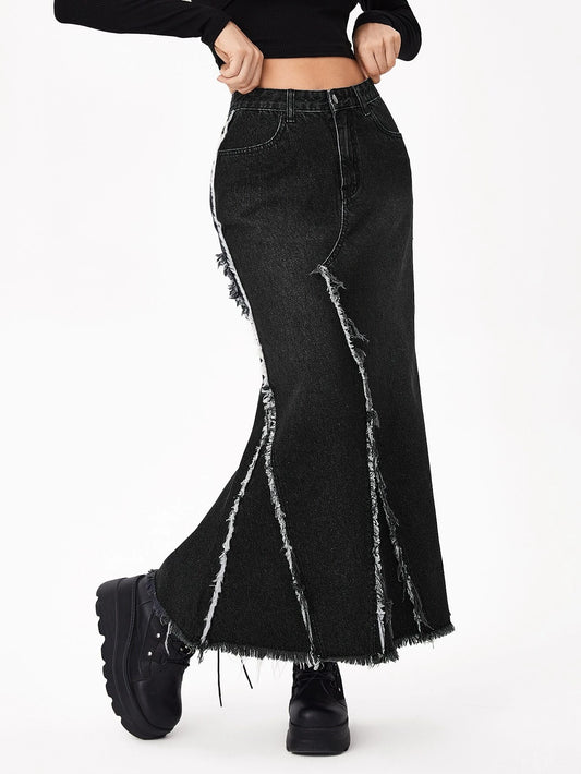 CM-BS787144 Women Casual Seoul Style High Waist Raw Trim Denim Skirt - Black