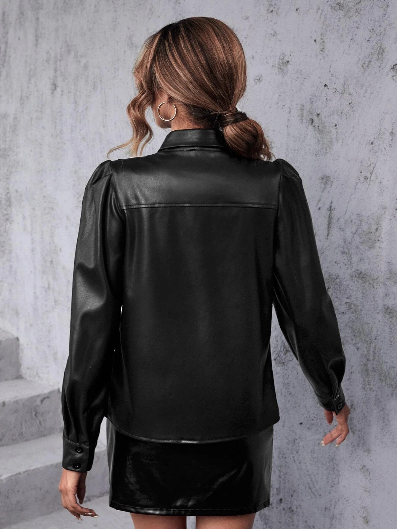 CM-TS594341 Women Elegant Seoul Style Neckline Collar Ruffle Trim Puff Sleeve Shirt - Black