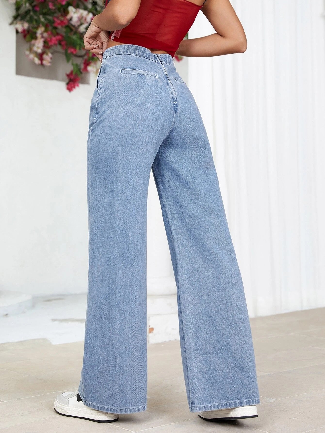 CM-BS136861 Women Preppy Seoul Style Light Wash Pleated Detail Wide Leg Jeans