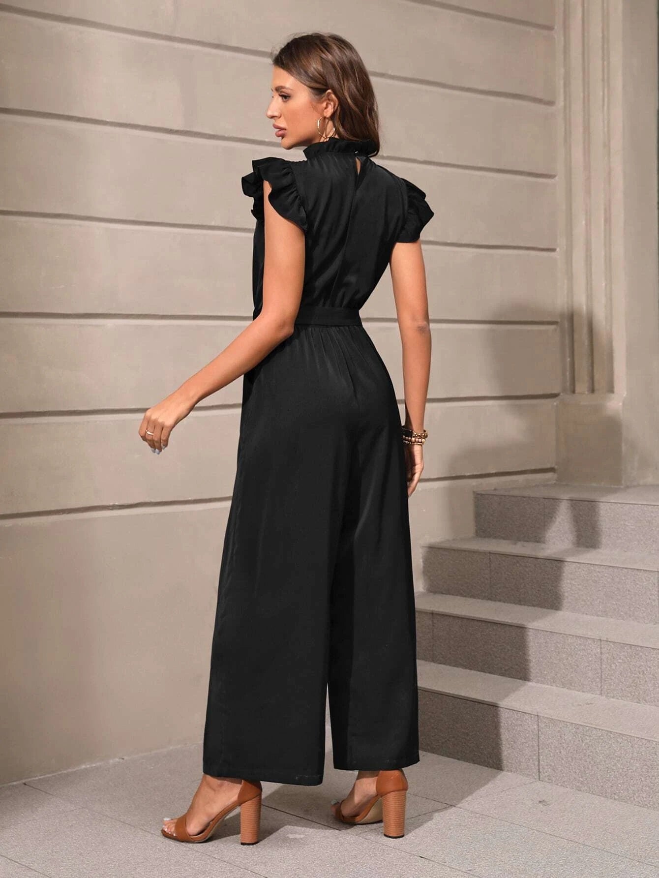 CM-JS160557 Women Casual Seoul Style Butterfly Sleeve Slant Pocket Belted Wide Leg Jumpsuit