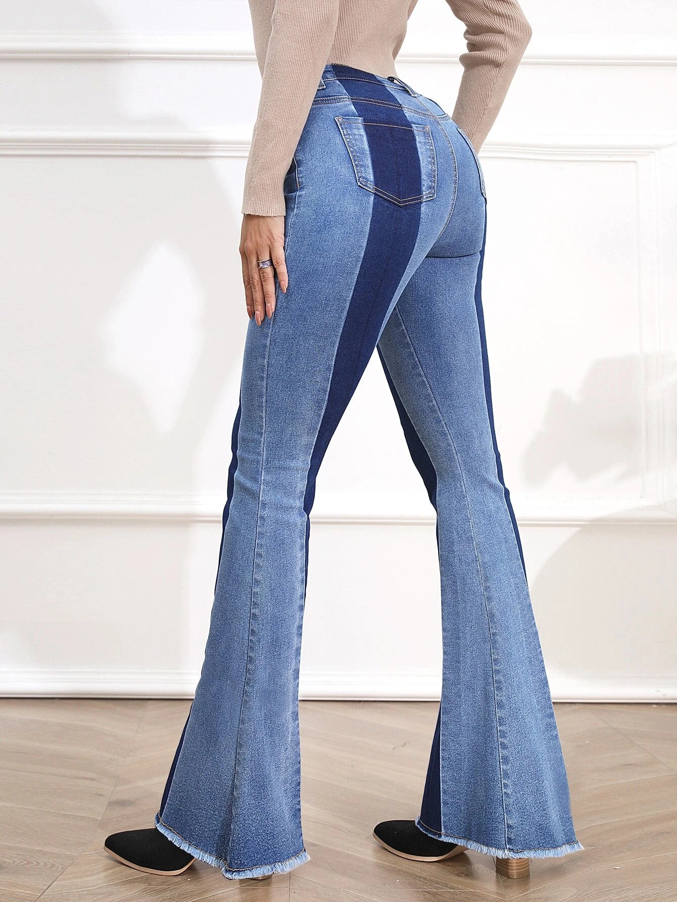CM-BS846814 Women Preppy Seoul Style High Waist Colorblock Raw Hem Flare Leg Jeans
