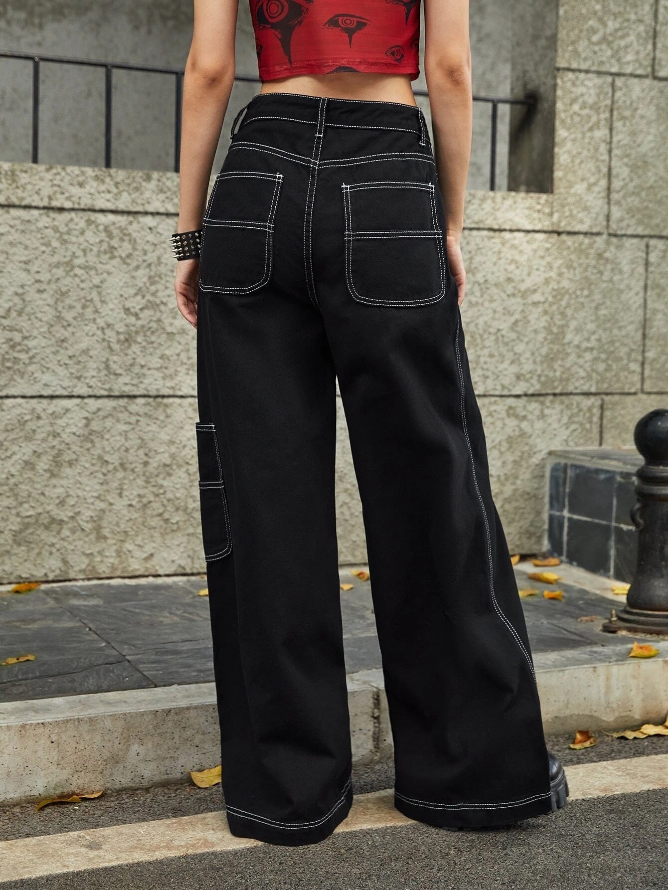 CM-BS971979 Women Preppy Seoul Style Grunge Punk Solid Wide Leg Jeans - Black