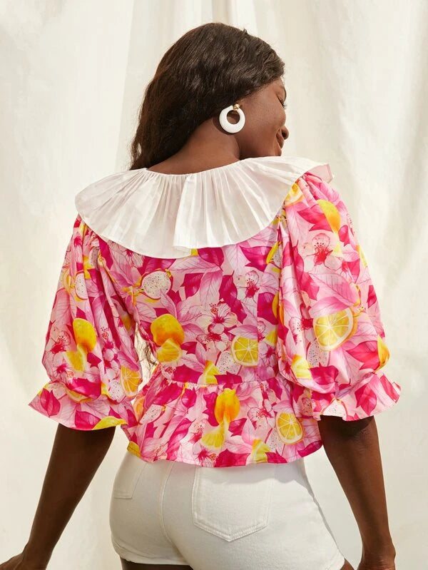 CM-TS847226 Women Trendy Bohemian Style Fruit Print Ruffle Trim Peplum Top