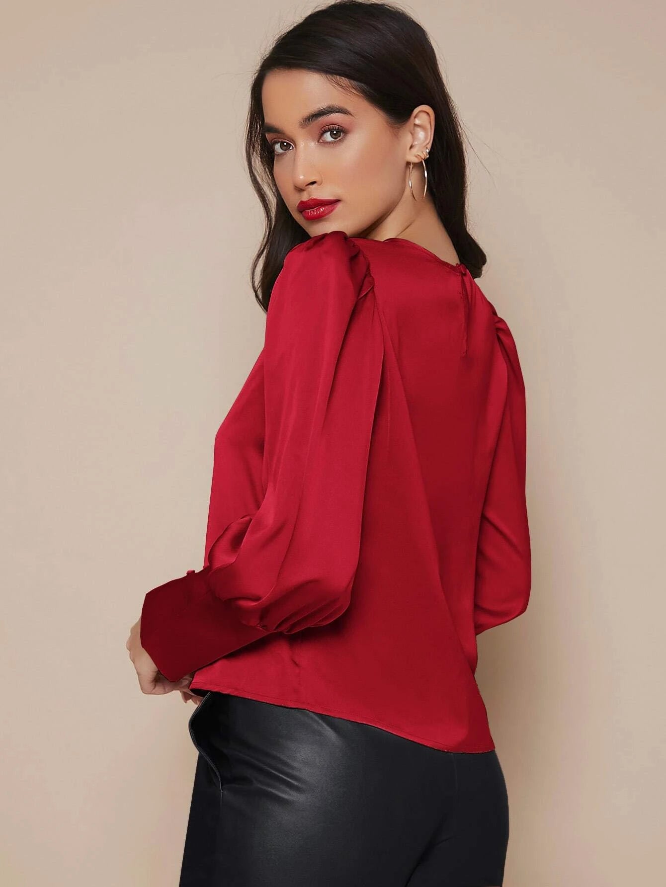 CM-TS811878 Women Elegant Seoul Style Buttoned Cuff Lantern Sleeve Satin Top - Red