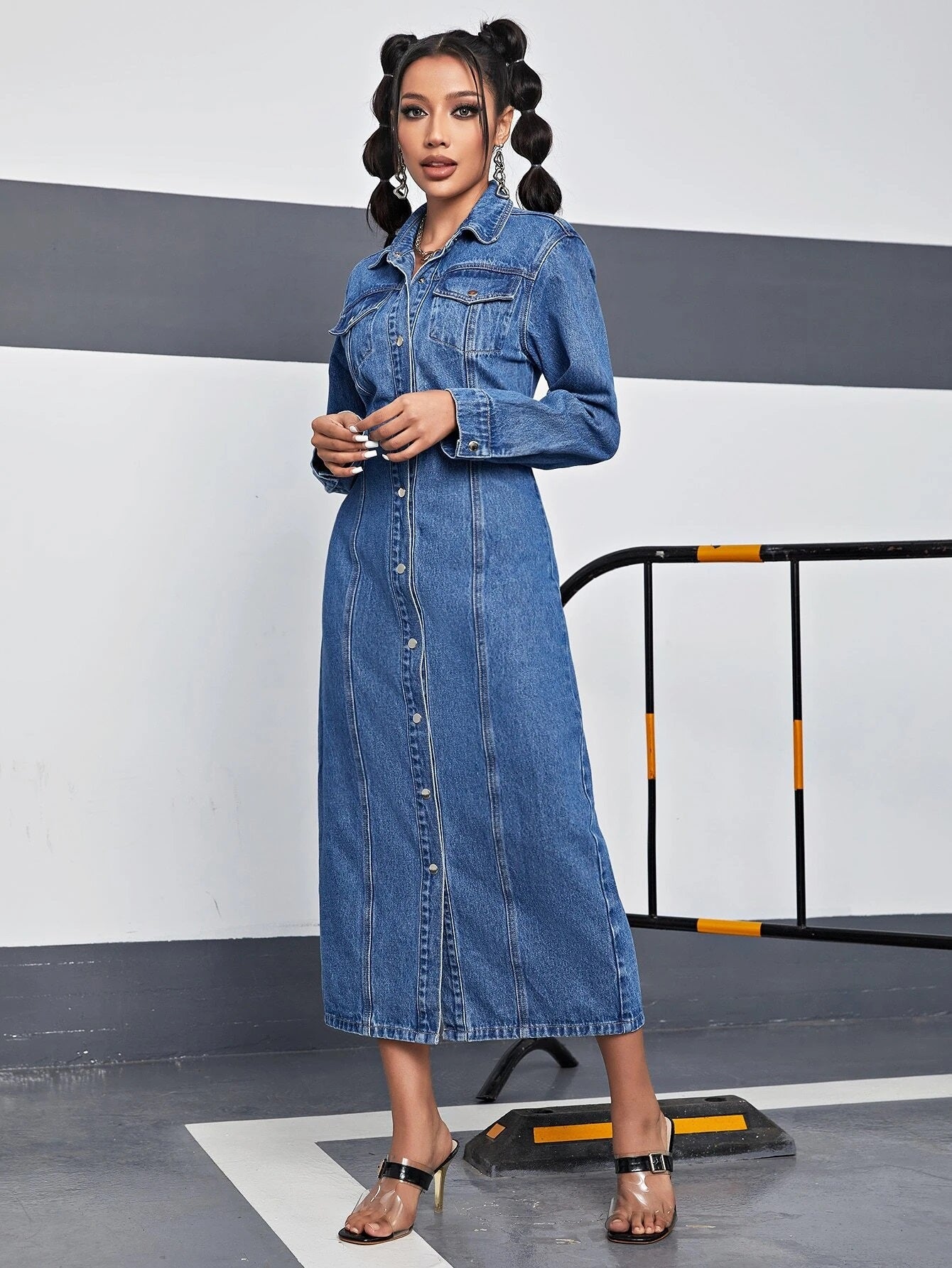 CM-DS932393 Women Preppy Seoul Style Dark Wash Flap Pocket Button Front Denim Dress