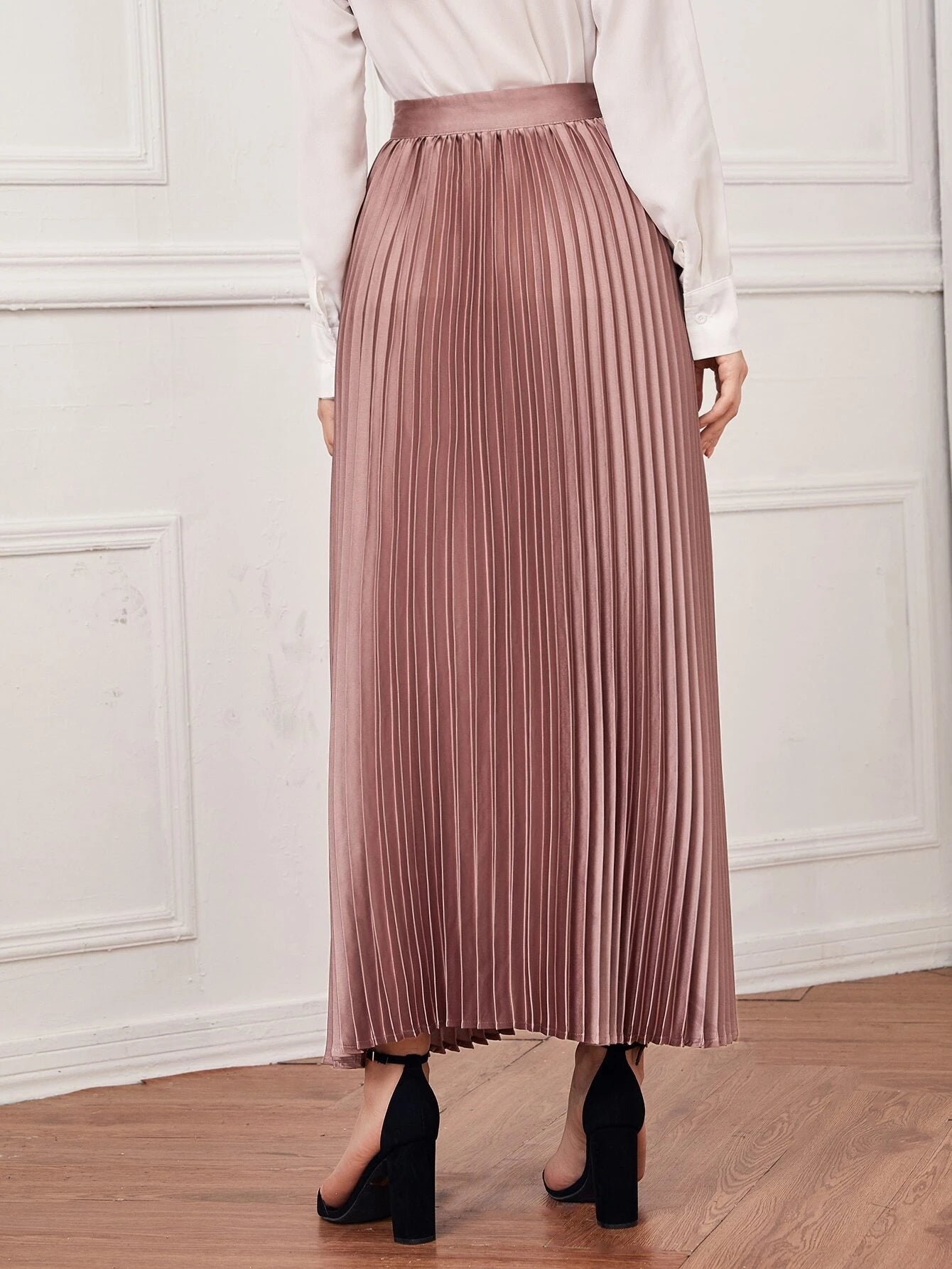 CM-BS917012 Women Elegant Seoul Style Solid High Waist Pleated Satin Skirt - Dusty Pink