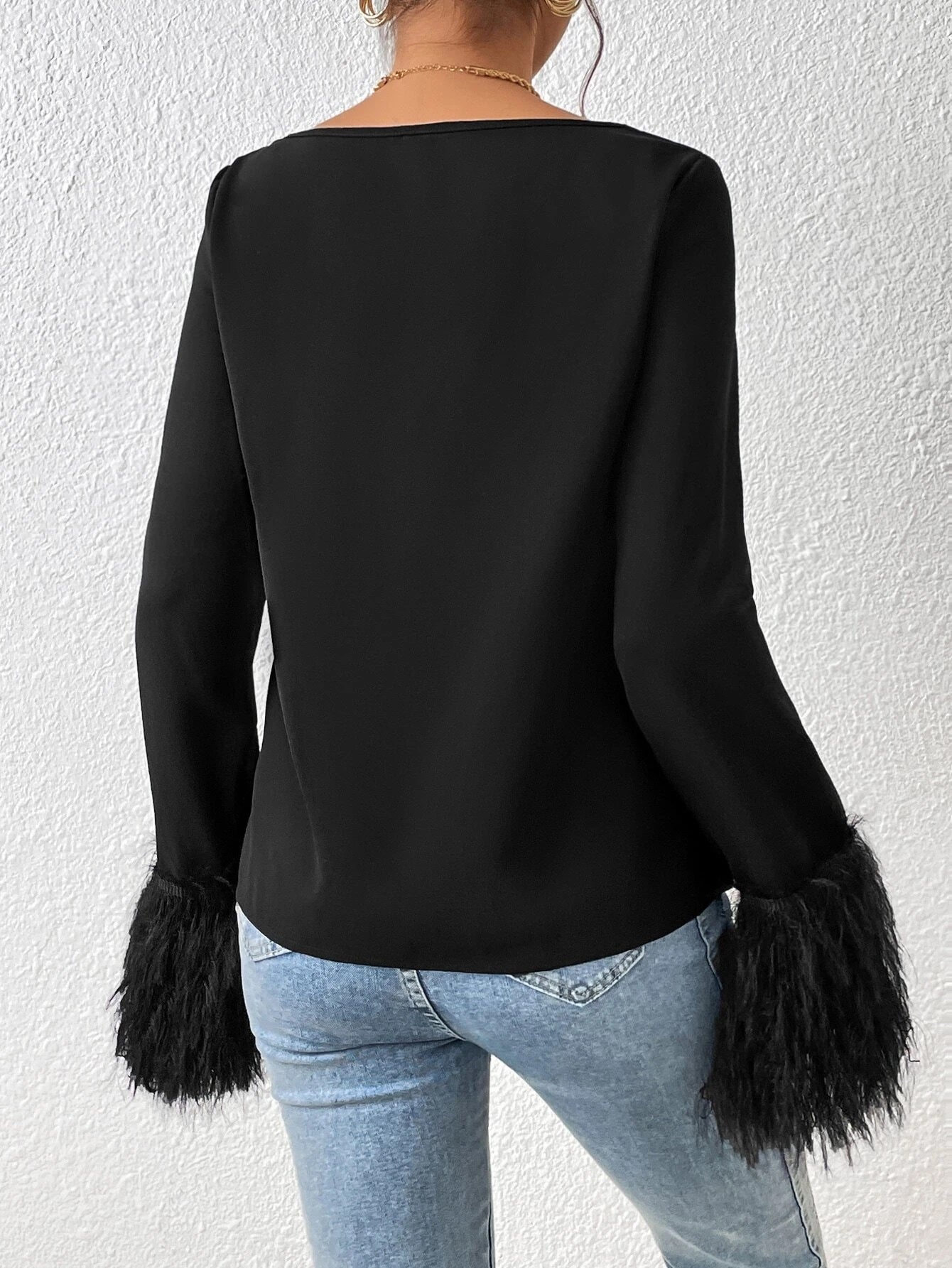 CM-TS420671 Women Elegant Seoul Style Draped Collar Fuzzy Cuff Blouse - Black