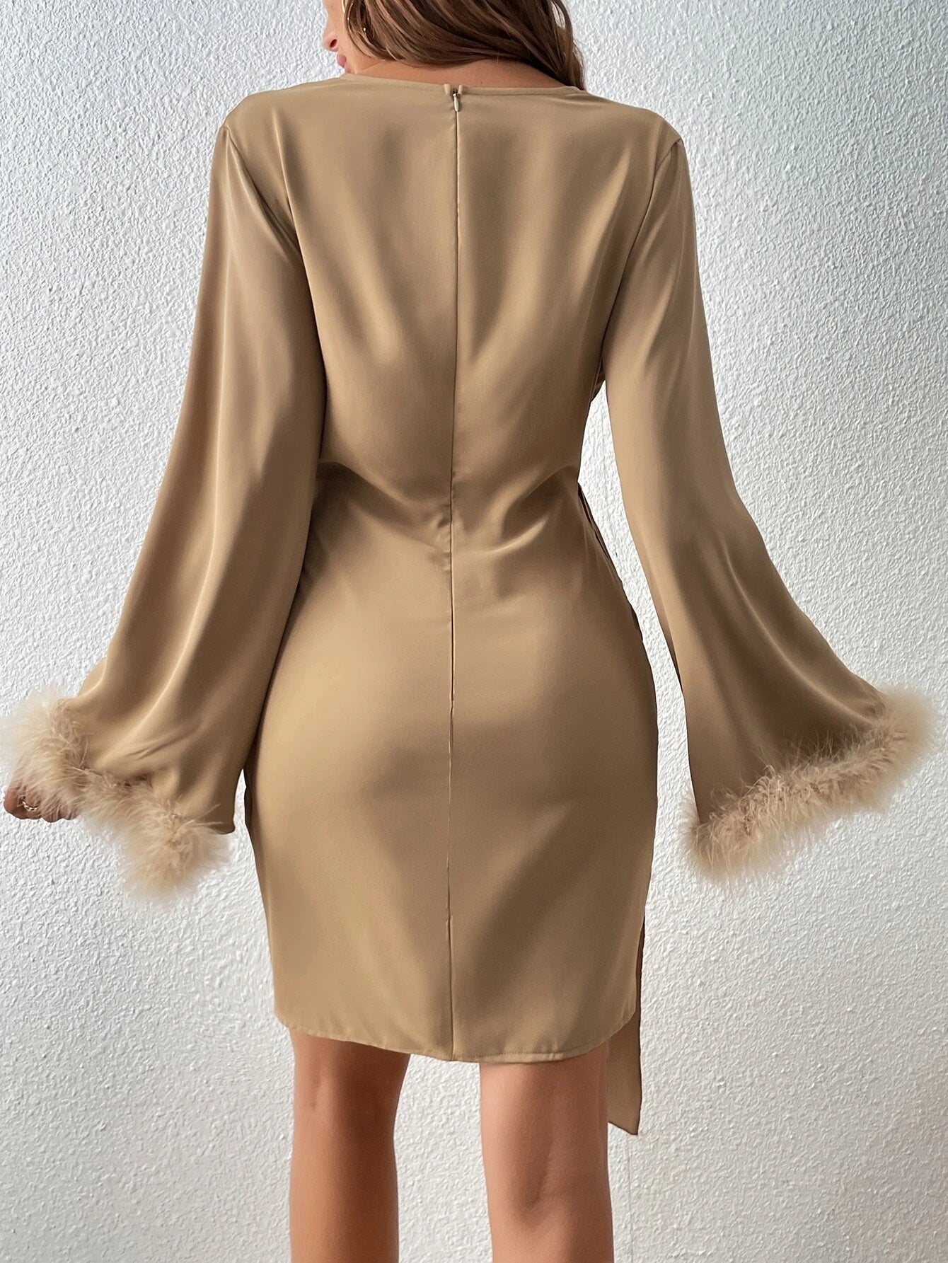 CM-DS759622 Women Elegant Seoul Style Fuzzy Cuff Zip Back Wrap Asymmetrical Hem Dress