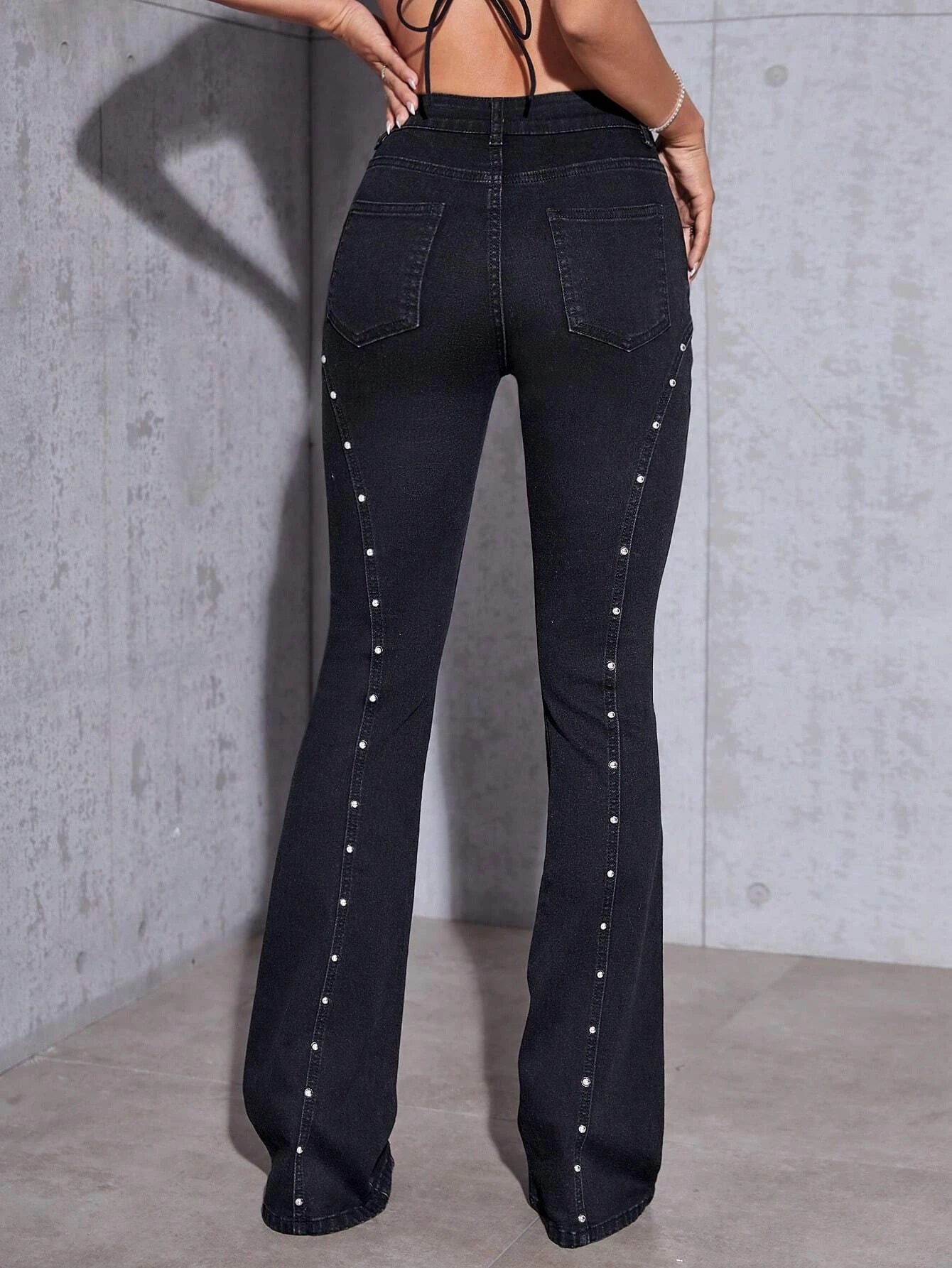CM-BS754545 Women Preppy Seoul Style Pearls Beaded Flare Leg Jeans - Black