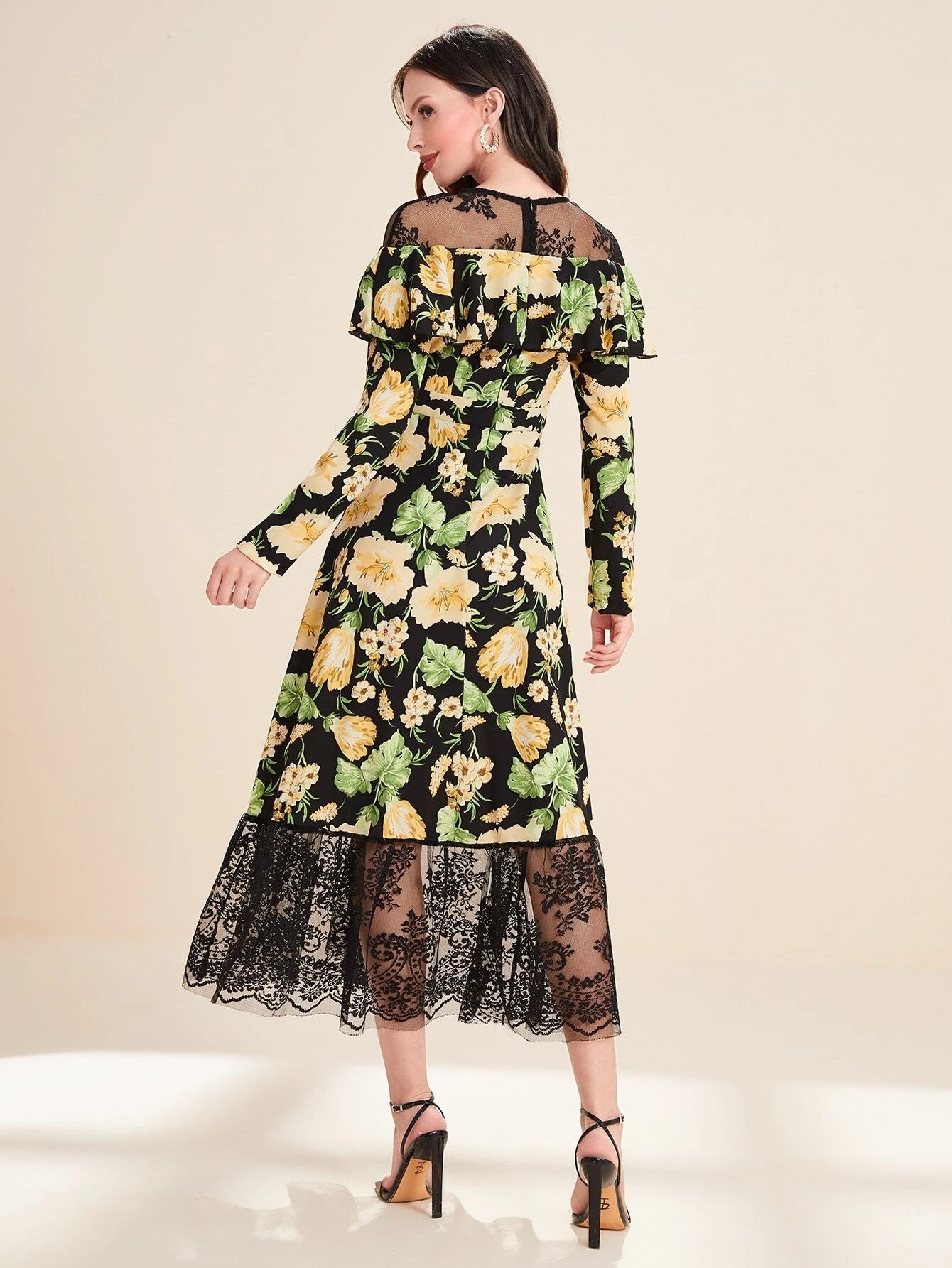 CM-DS426990 Women Elegant Seoul Style Floral Print Contrast Lace Ruffle Hem Dress