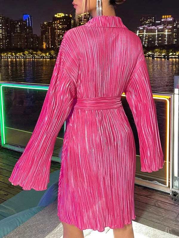 CM-DS384177 Women Elegant Seoul Style Drop Shoulder Belted Shirt Dress