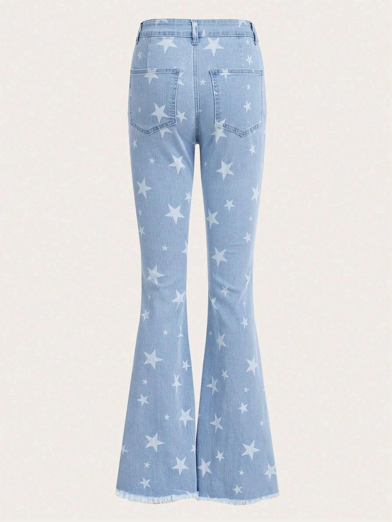 CM-BS753727 Women Preppy Seoul Style Light Wash Star Print Ripped Flare Leg Jeans