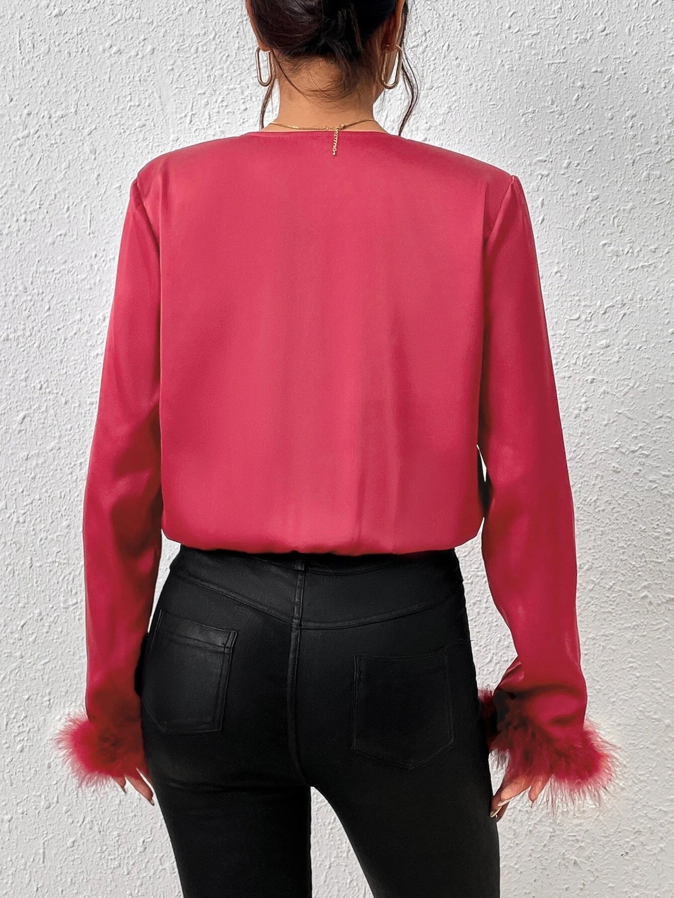 CM-TS802212 Women Casual Seoul Style Fuzzy Cuff Surplice Neck Bodysuit - Red