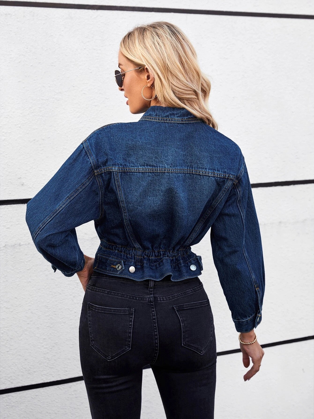 CM-CS611201 Women Preppy Seoul Style Flap Pocket Drop Shoulder Drawstring Waist Denim Jacket