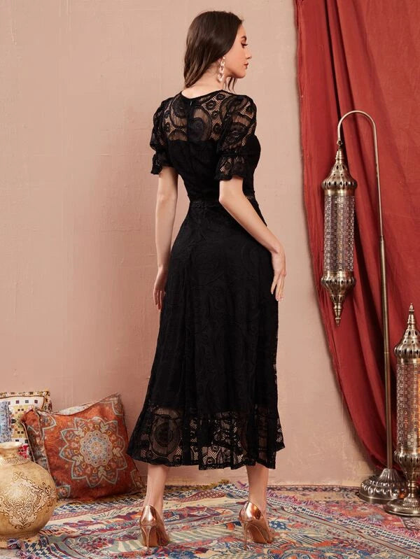CM-DS851675 Women Elegant Seoul Style Flounce Sleeve Ruffle Hem Lace Dress - Black