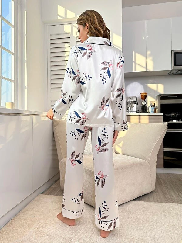 CM-LS415962 Women Trendy Seoul Style Butterfly Print Contrast Piping Satin Shirt With Pants Pajama Set