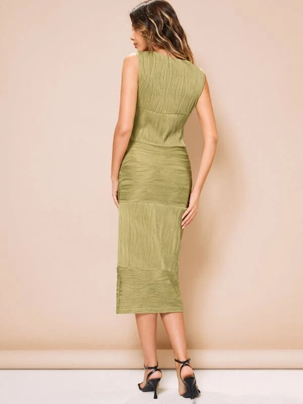 CM-DS150855 Women Elegant Seoul Style Sleeveless Textured Ruched Fitted Dress