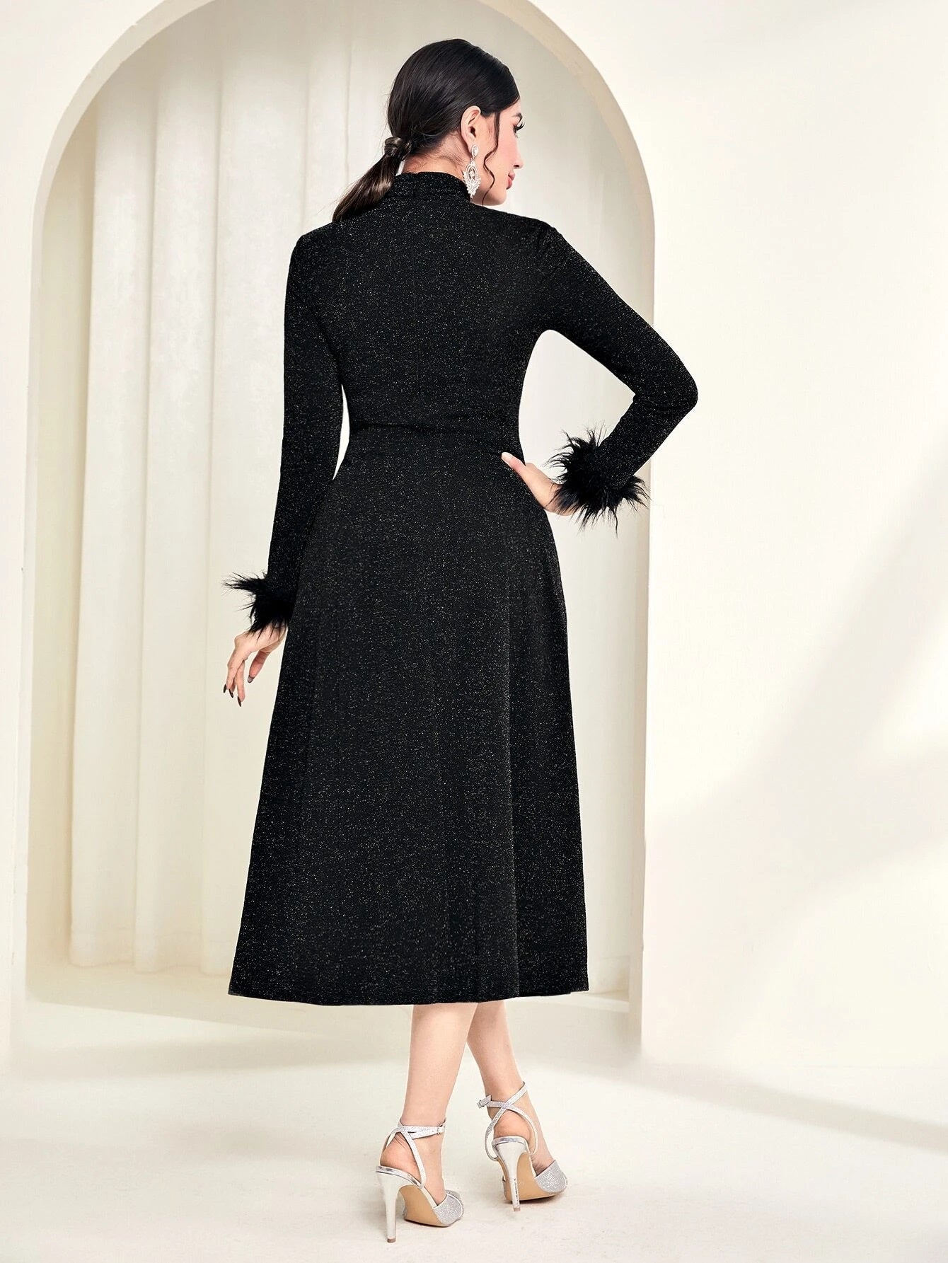 CM-DS825140 Women Elegant Seoul Style Fuzzy Cuff Cut Out Front Glitter Dress - Black