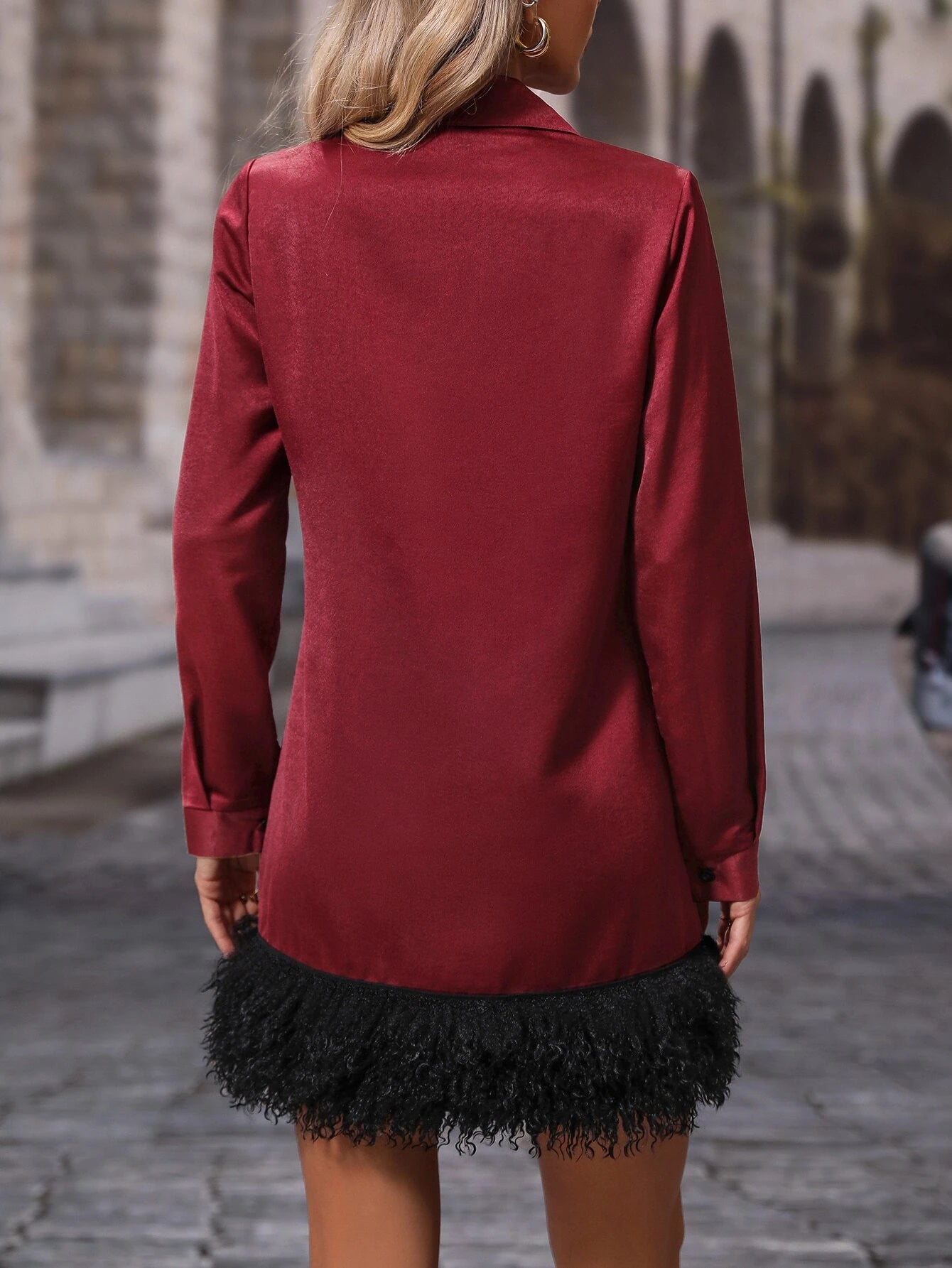 CM-DS291207 Women Elegant Seoul Style Collar Neckline Solid Fuzzy Hem Tunic Dress - Burgundy