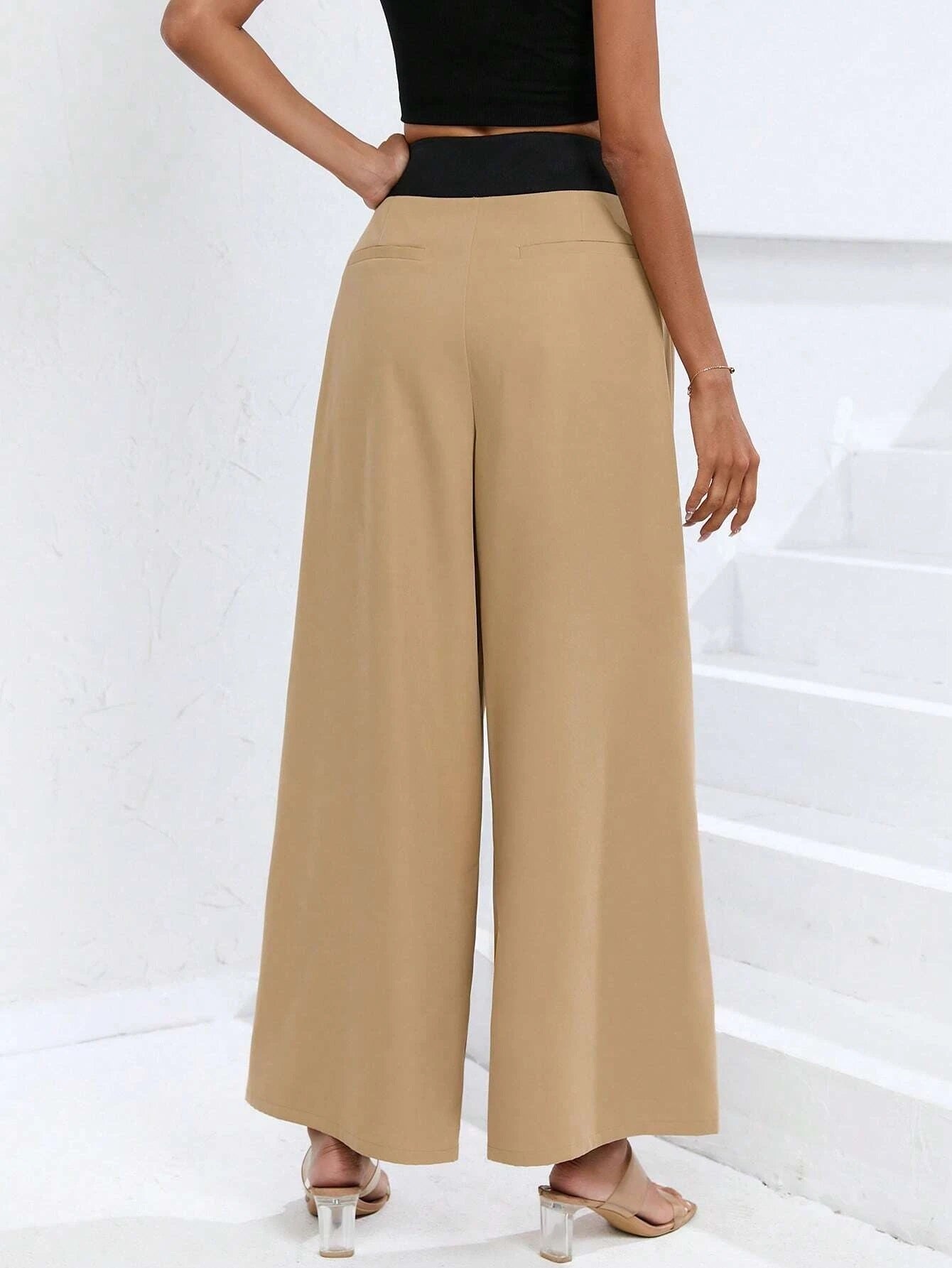 CM-BS166332 Women Trendy Bohemian Style High Waist Plicated Detail Wide Leg Pants - Khaki
