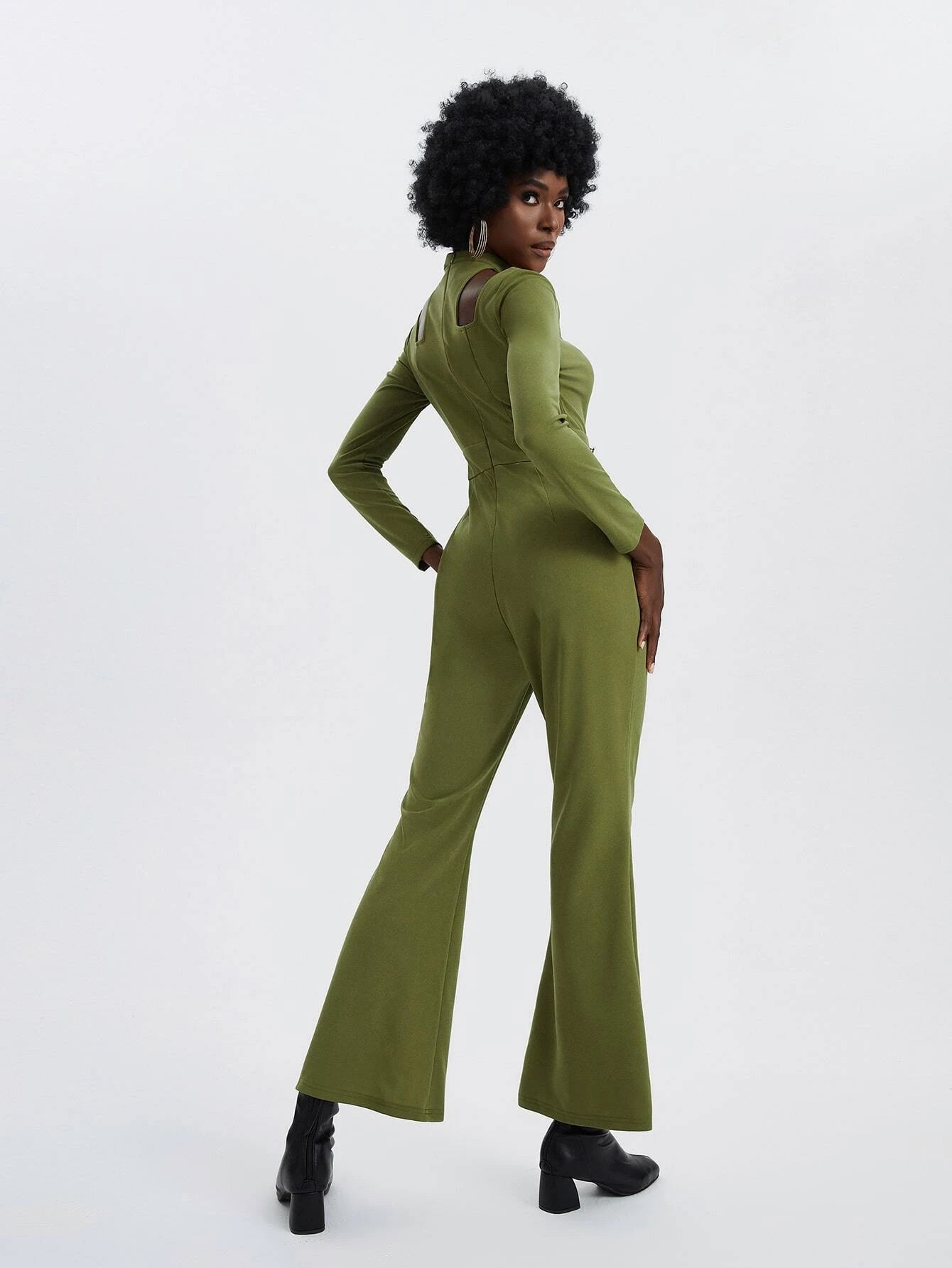 CM-JS706737 Women Elegant Seoul Style Square Neck Button Detail Flare Leg Jumpsuit