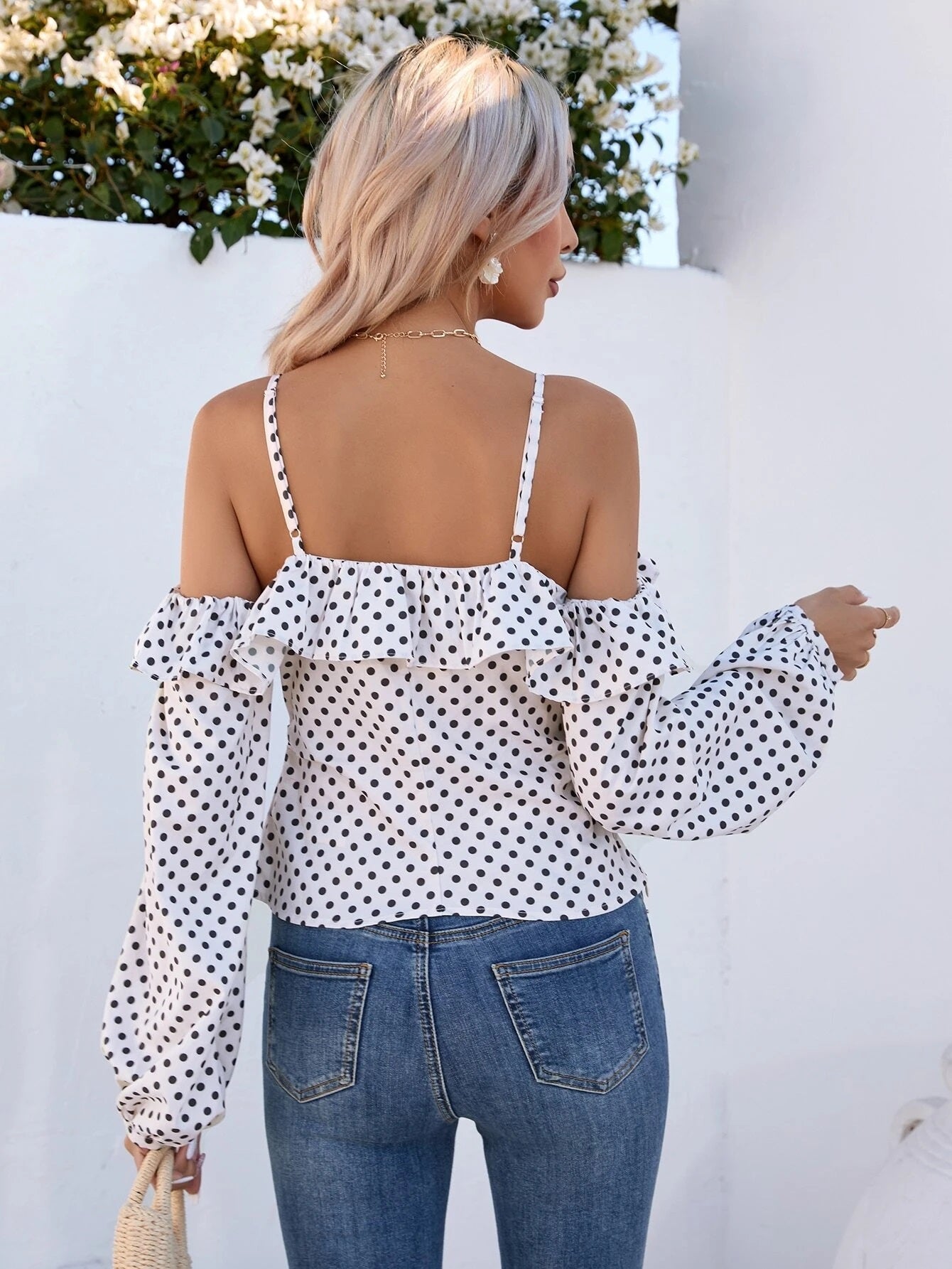CM-TS285376 Women Casual Seoul Style Polka Dot Cold Shoulder Ruffle Trim Lantern Sleeve Blouse
