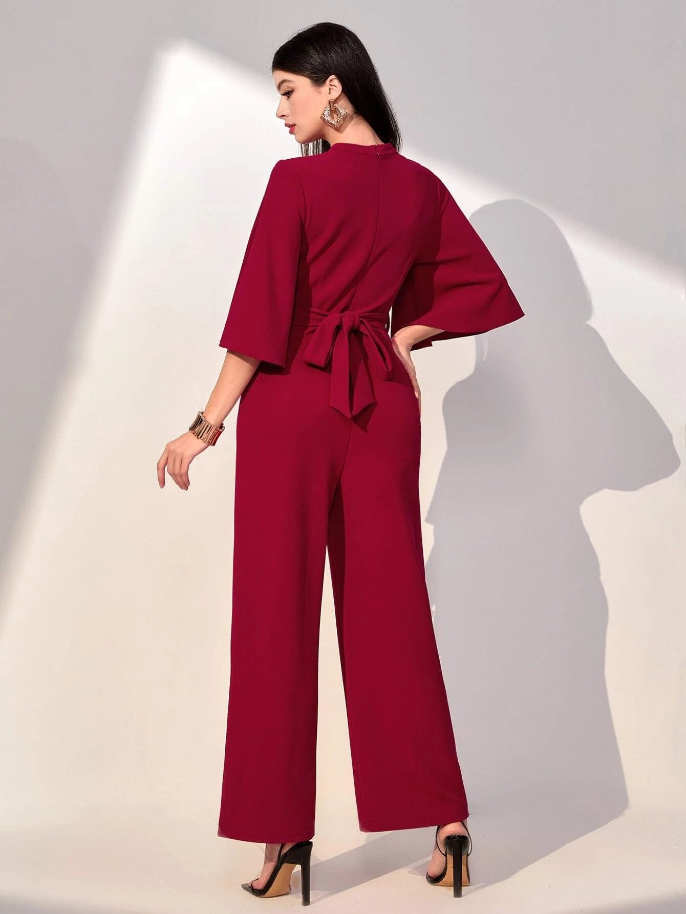 CM-JS124404 Women Elegant Seoul Style Solid Flounce Sleeve Belted Jumpsuit - Burgundy