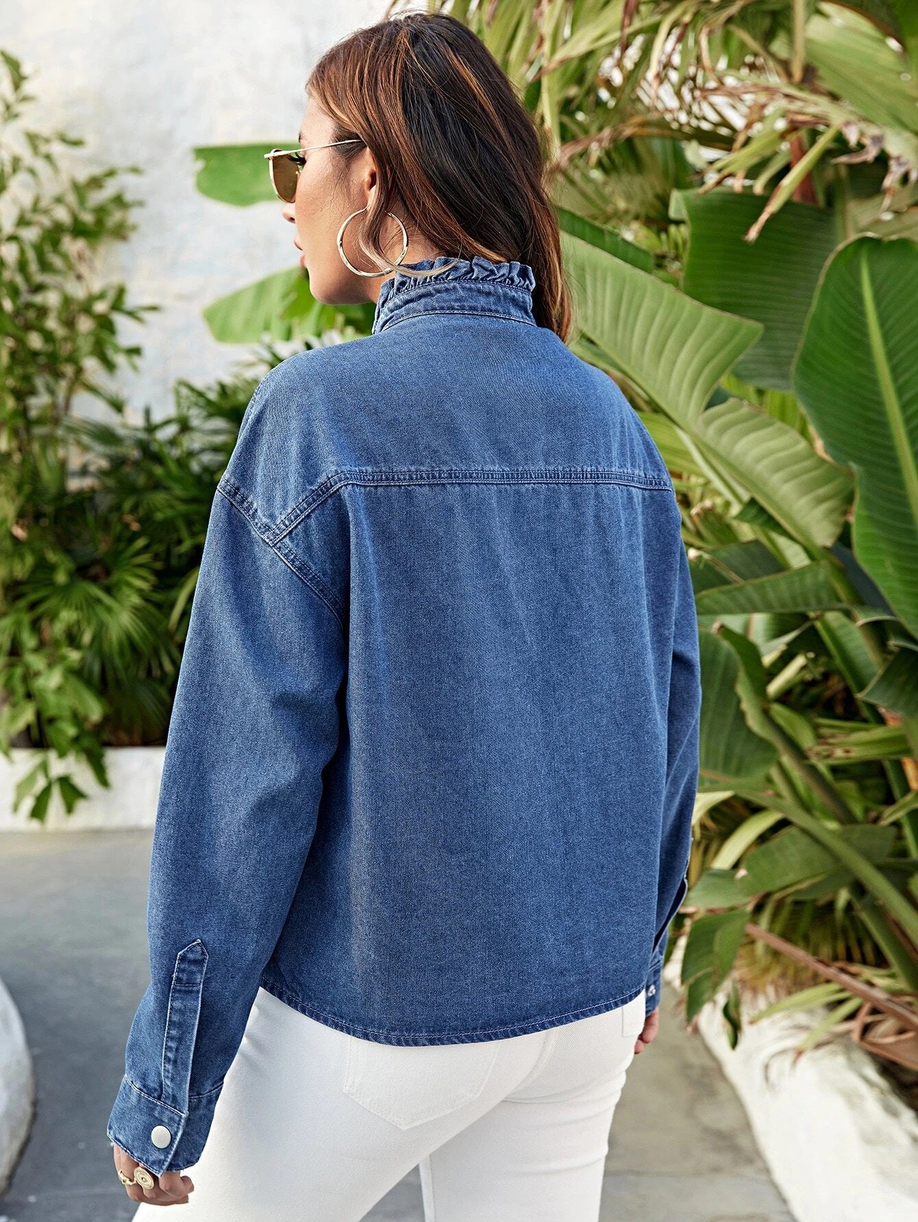 CM-TS785488 Women Casual Seoul Style Dark Wash Ruffle Trim Button Front Denim Shirt