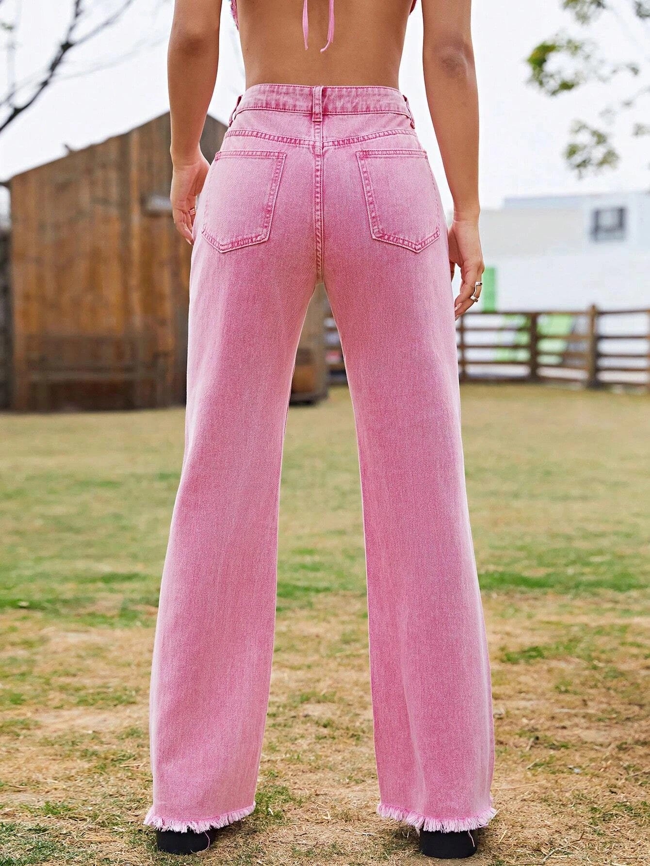 CM-BS233009 Women Casual Seoul Style Drop Waist Solid Raw Hem Flare Leg Jeans - Pink