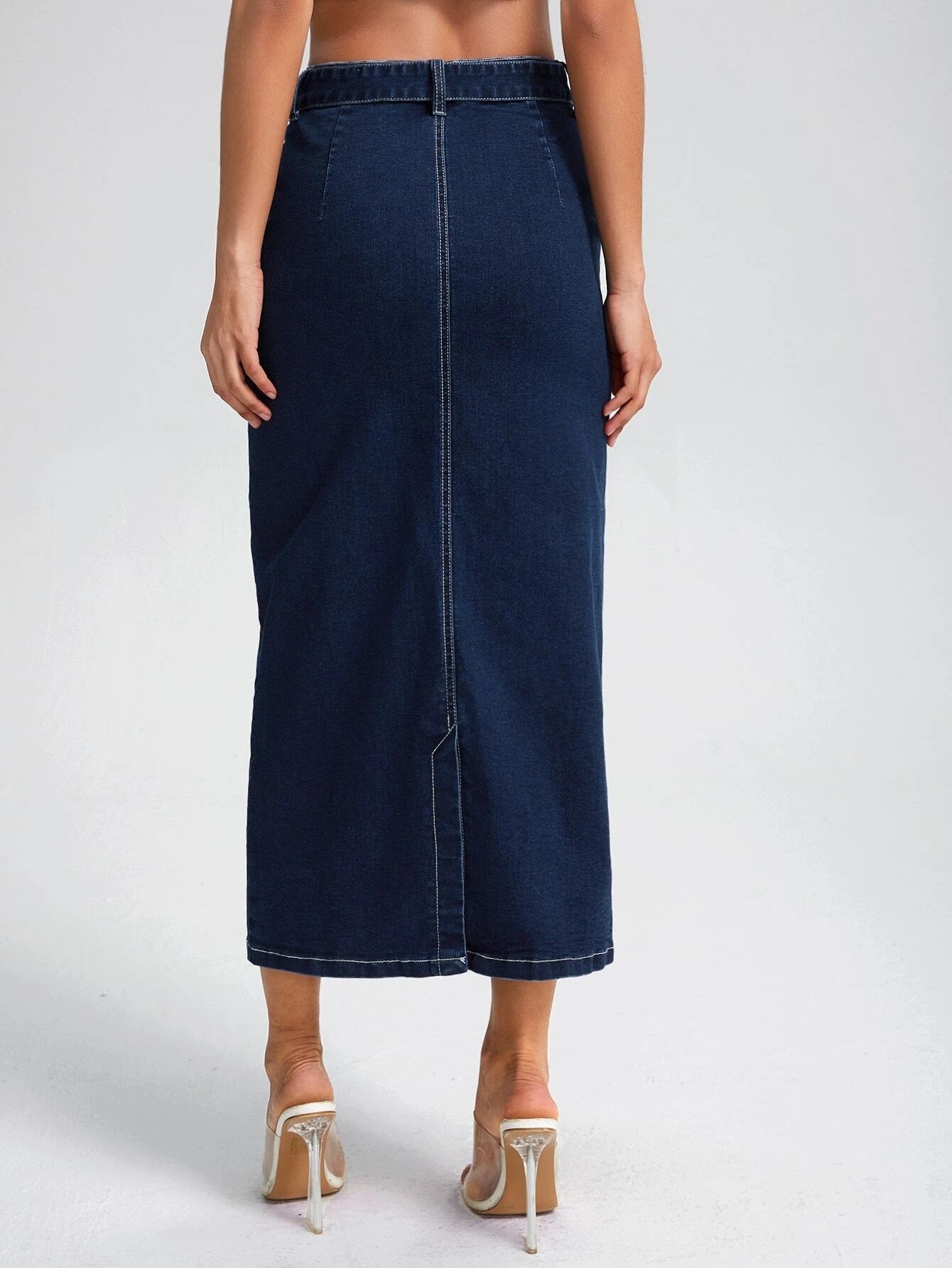CM-BS941143 Women Preppy Seoul Style Dark Wash High Waist Belted Denim Skirt