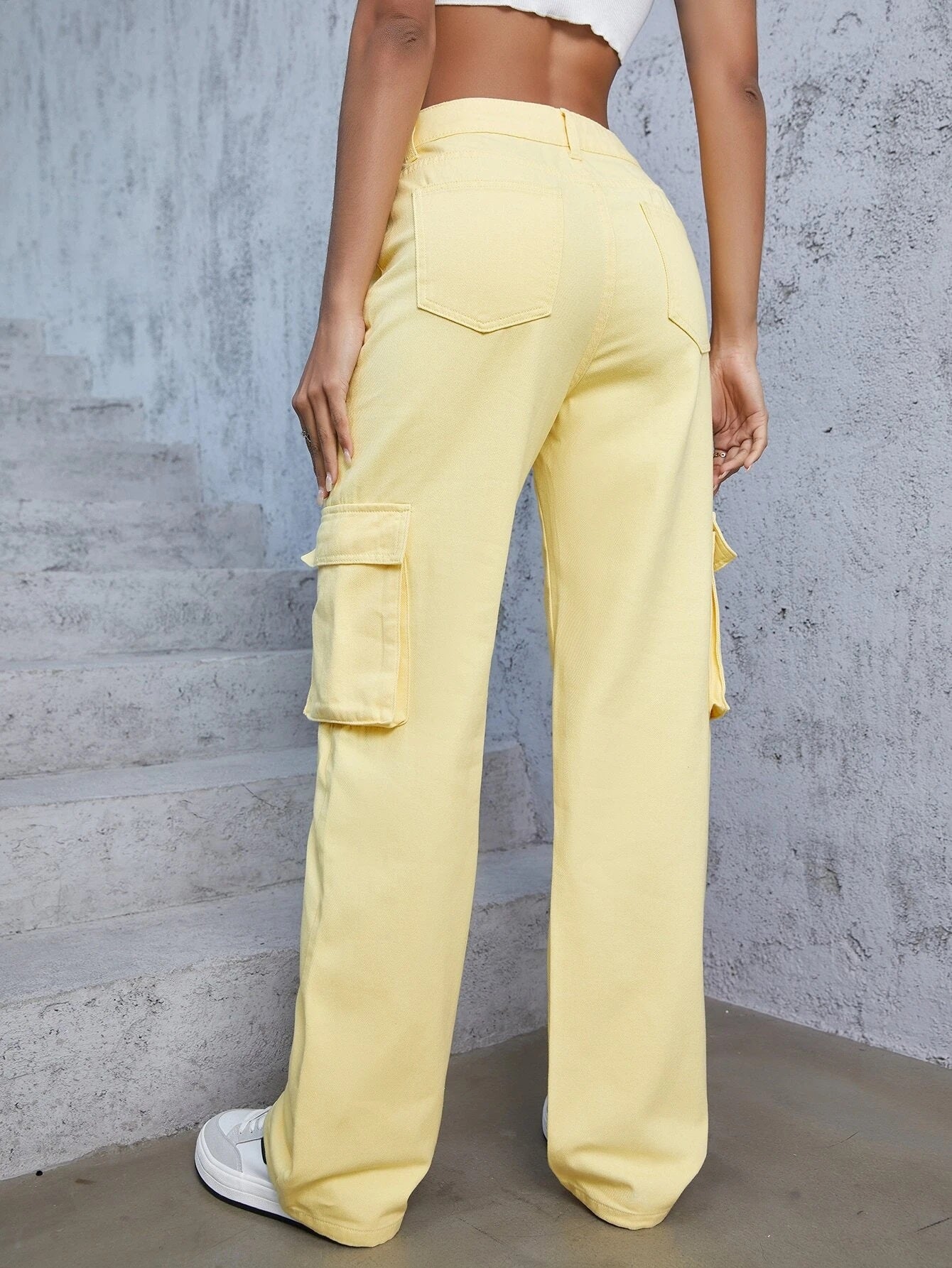 CM-BS126821 Women Casual Seoul Style Flap Pocket Drawstring Waist Cargo Jeans - Yellow
