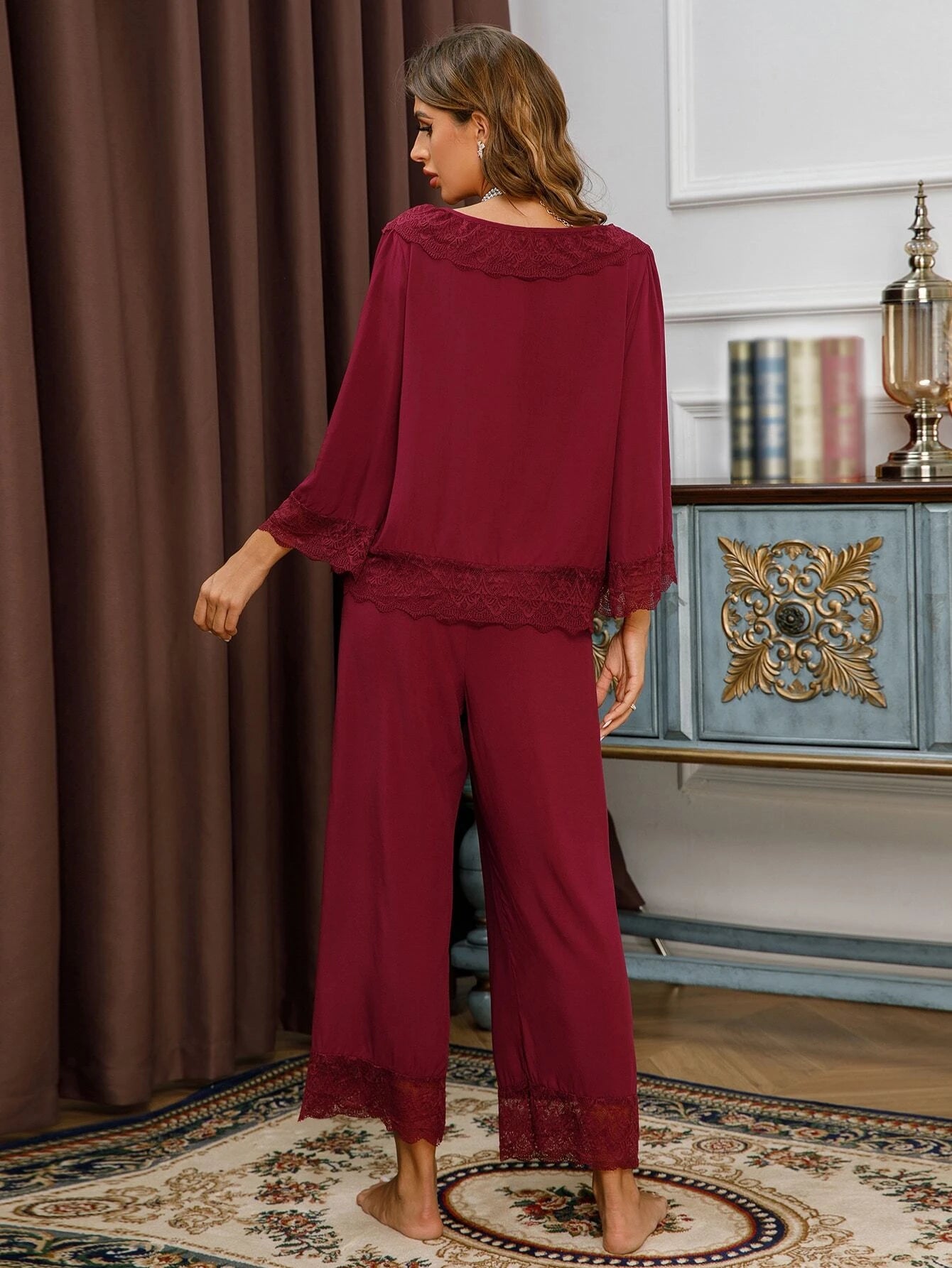 CM-LS949275 Women Trendy Seoul Style Contrast Lace Ruffle Trim Pajama Set - Burgundy