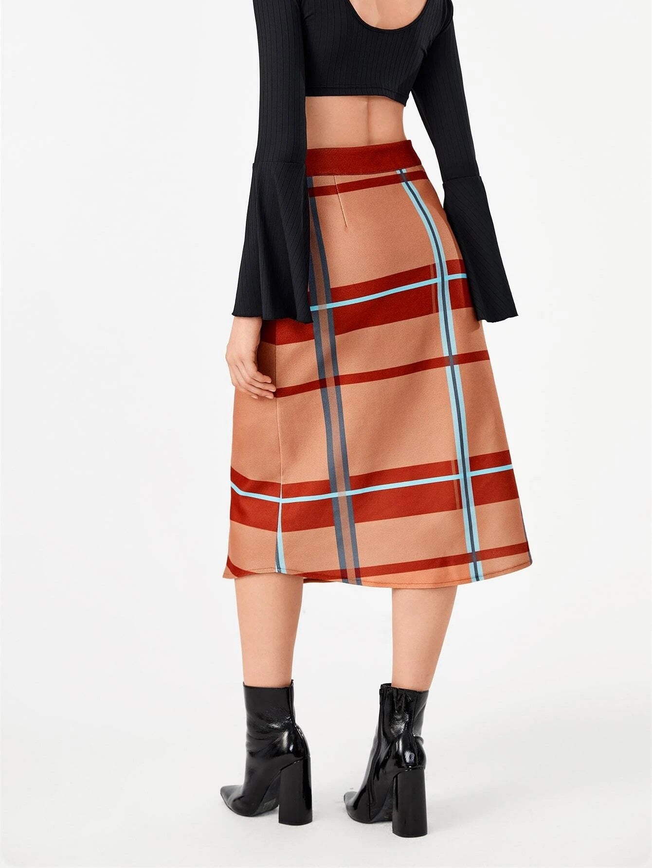 CM-BS778887 Women Casual Seoul Style High Waist Button Front Plaid Skirt