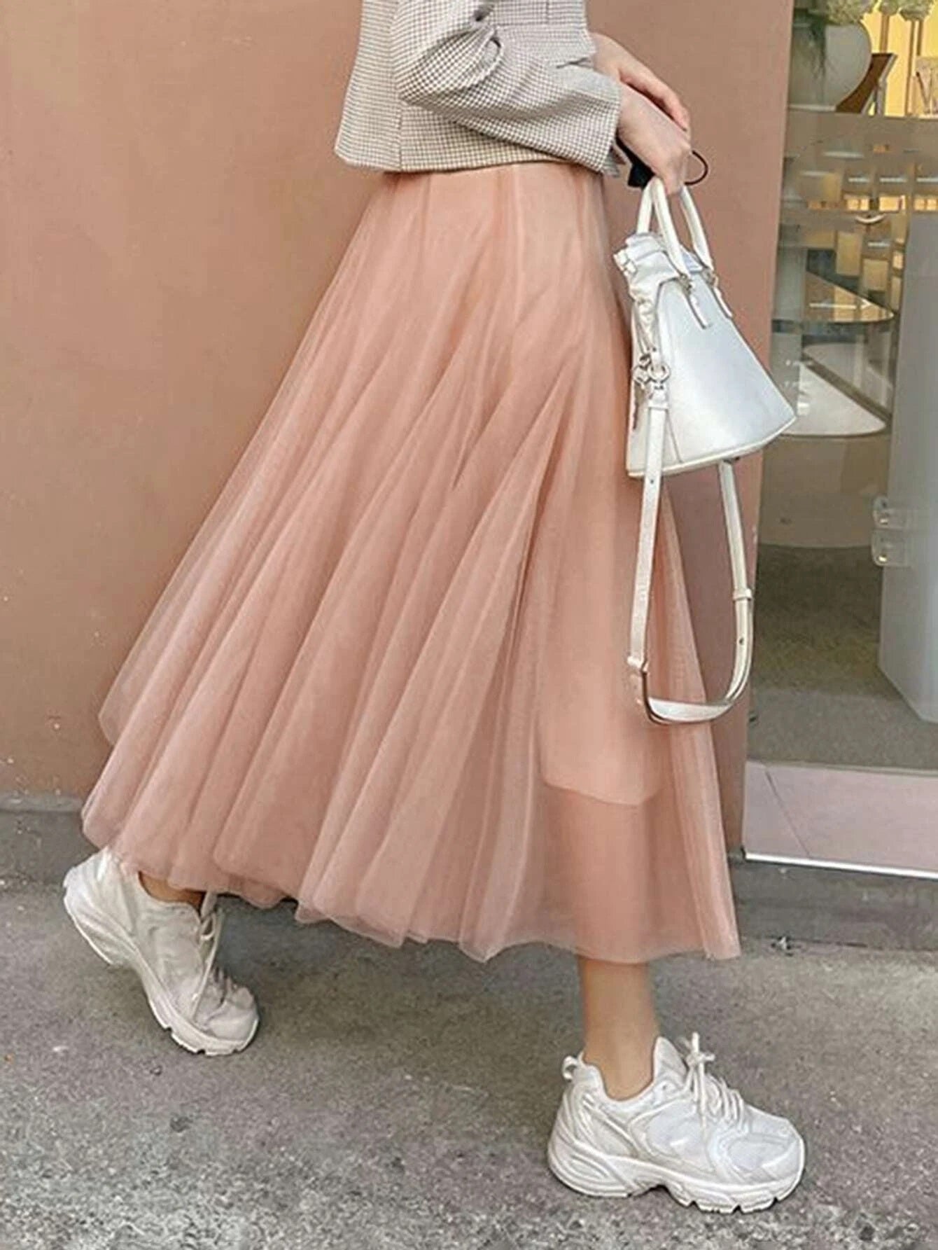 CM-BS872066 Women Trendy Seoul Style High Waist Solid Mesh Overlay Skirt - Coral Pink