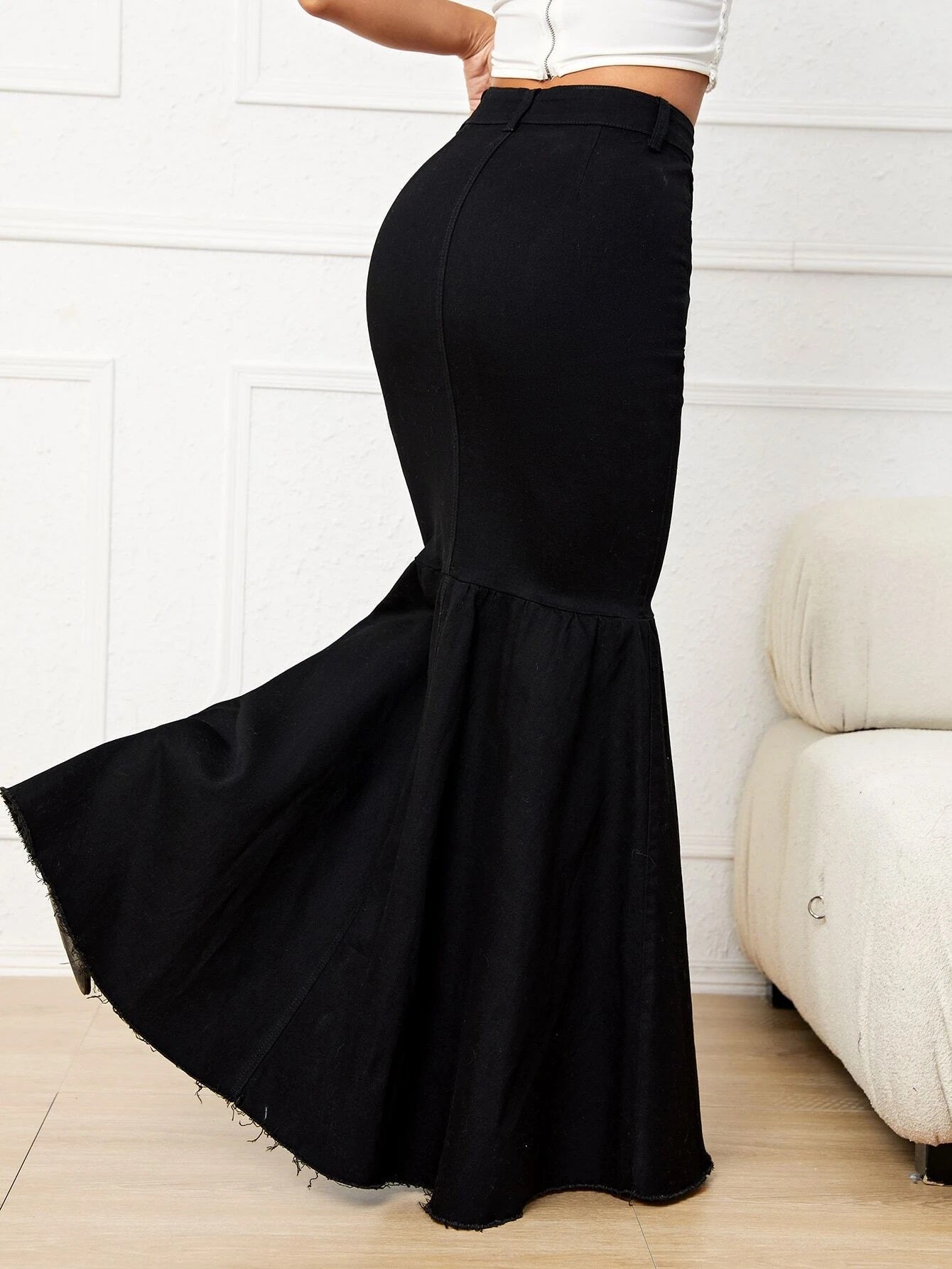 CM-BS776667 Women Preppy Seoul Style Button Front Raw Hem Denim Skirt - Black