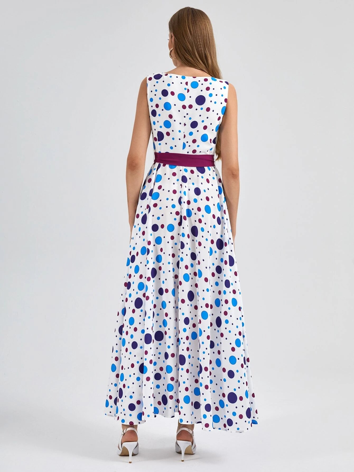 CM-DS833543 Women Elegant Seoul Style Sleeveless Polka Dot Belted A-Line Dress