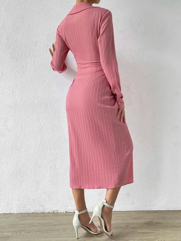 CM-DS543532 Women Elegant Seoul Style Long Sleeve Tie Front Shirt Dress - Pink