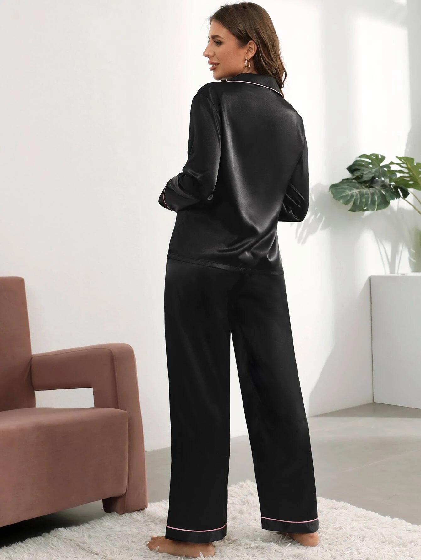 CM-LS106581 Women Trendy Seoul Style Contrast Piping Tie Front Satin Pajama Set - Black