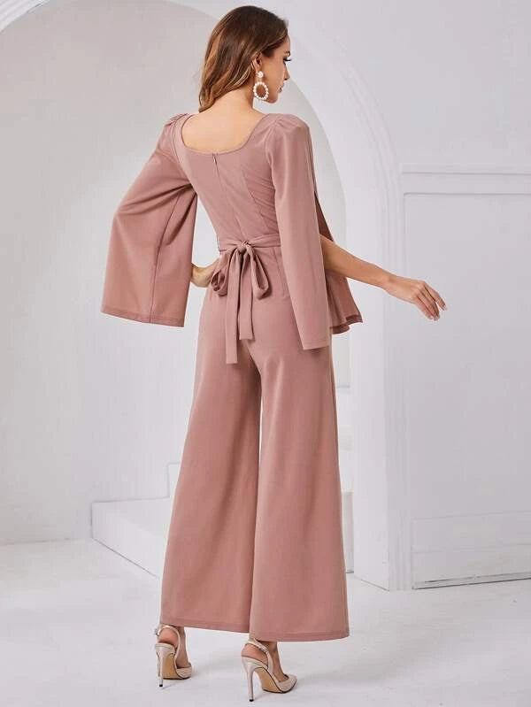 CM-JS662427 Women Elegant Seoul Style Split Sleeve Wide Leg Belted Jumpsuit - Dusty Pink