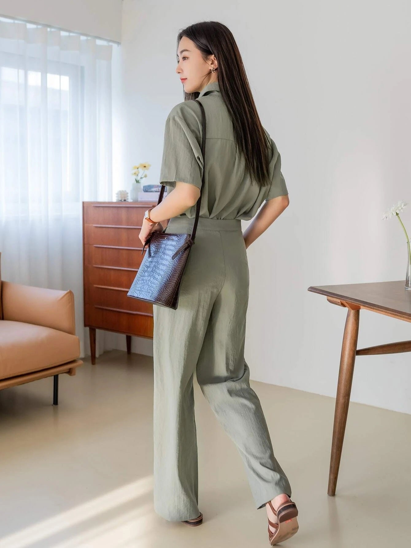 CM-SS111461 Women Casual Seoul Style Solid Pocket Patched Shirt With Pants - Set