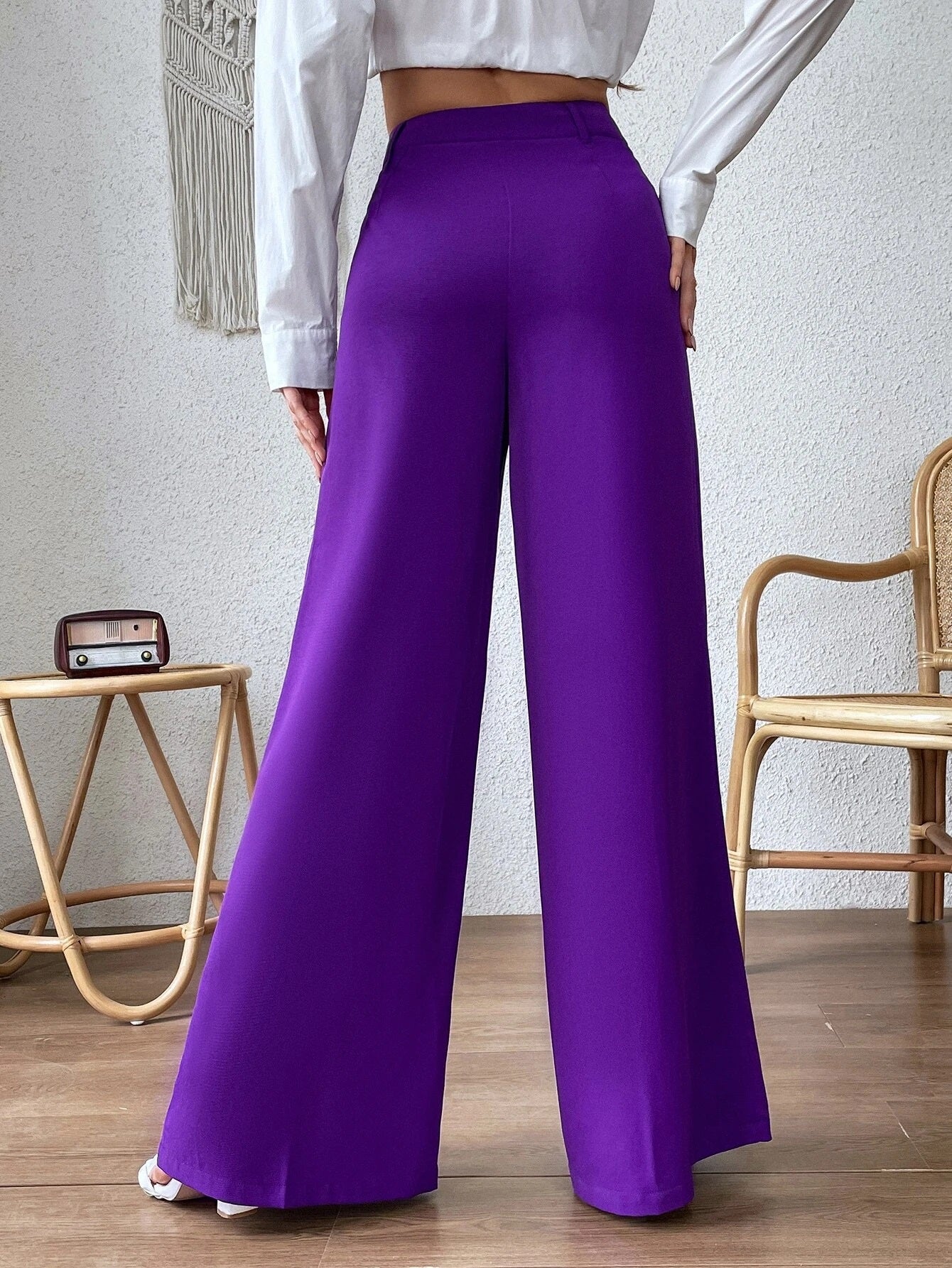 CM-BS967022 Women Casual Seoul Style High Waist Seam Detail Wide Leg Pants - Purple