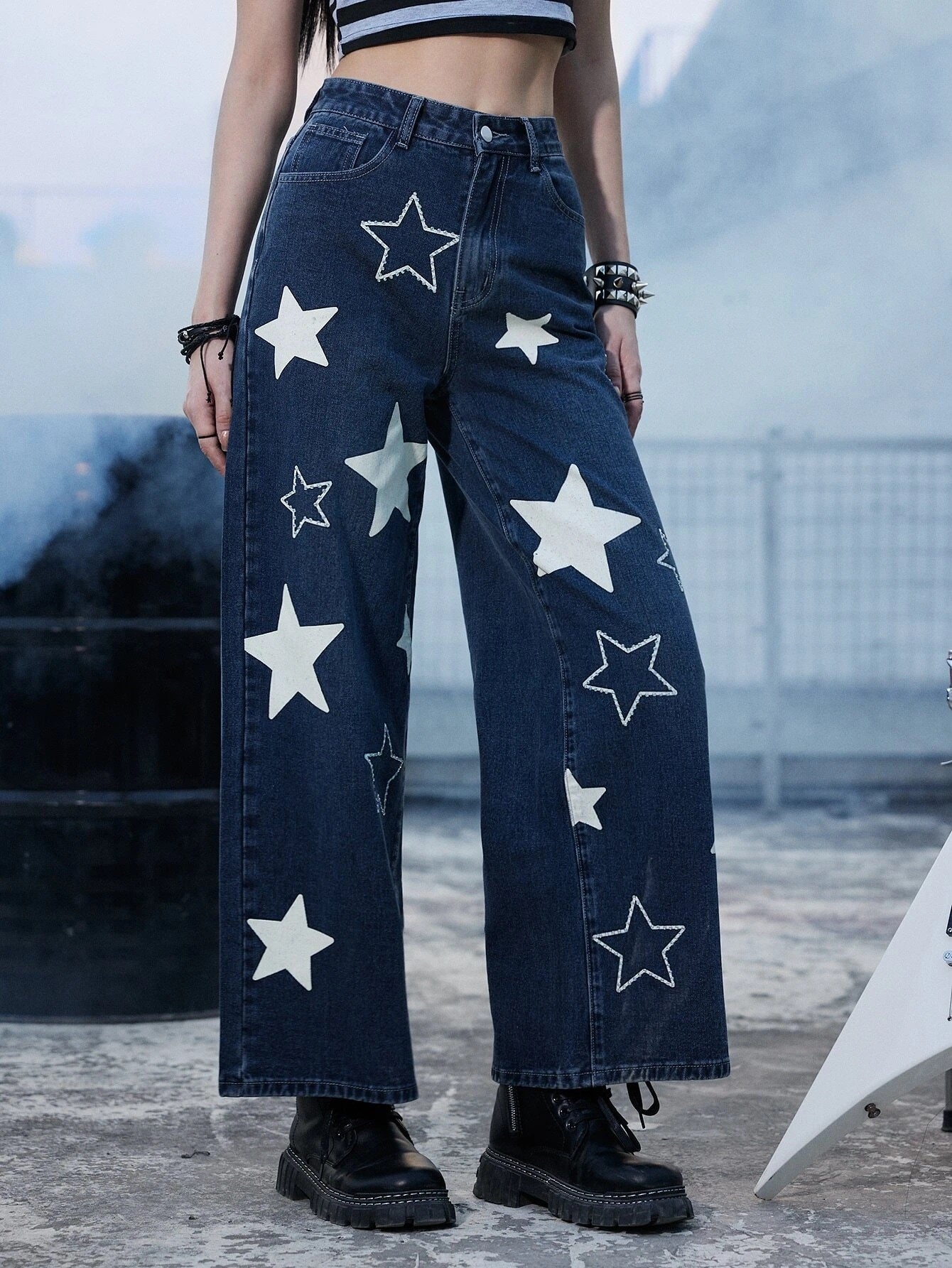 CM-BS555785 Women Preppy Seoul Style Dark Wash Star Print Wide Leg Jeans