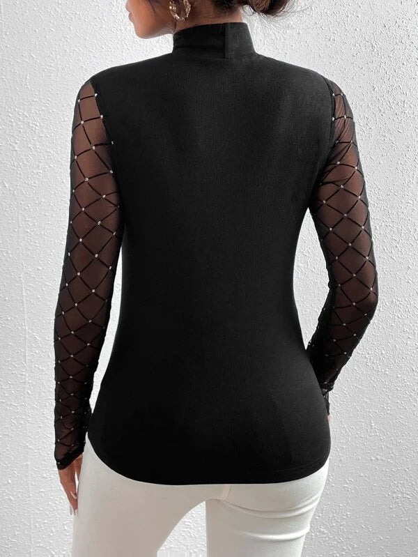 CM-TS472747 Women Casual Seoul Style Rhinestone Insert Contrast Mesh High Neck Tee